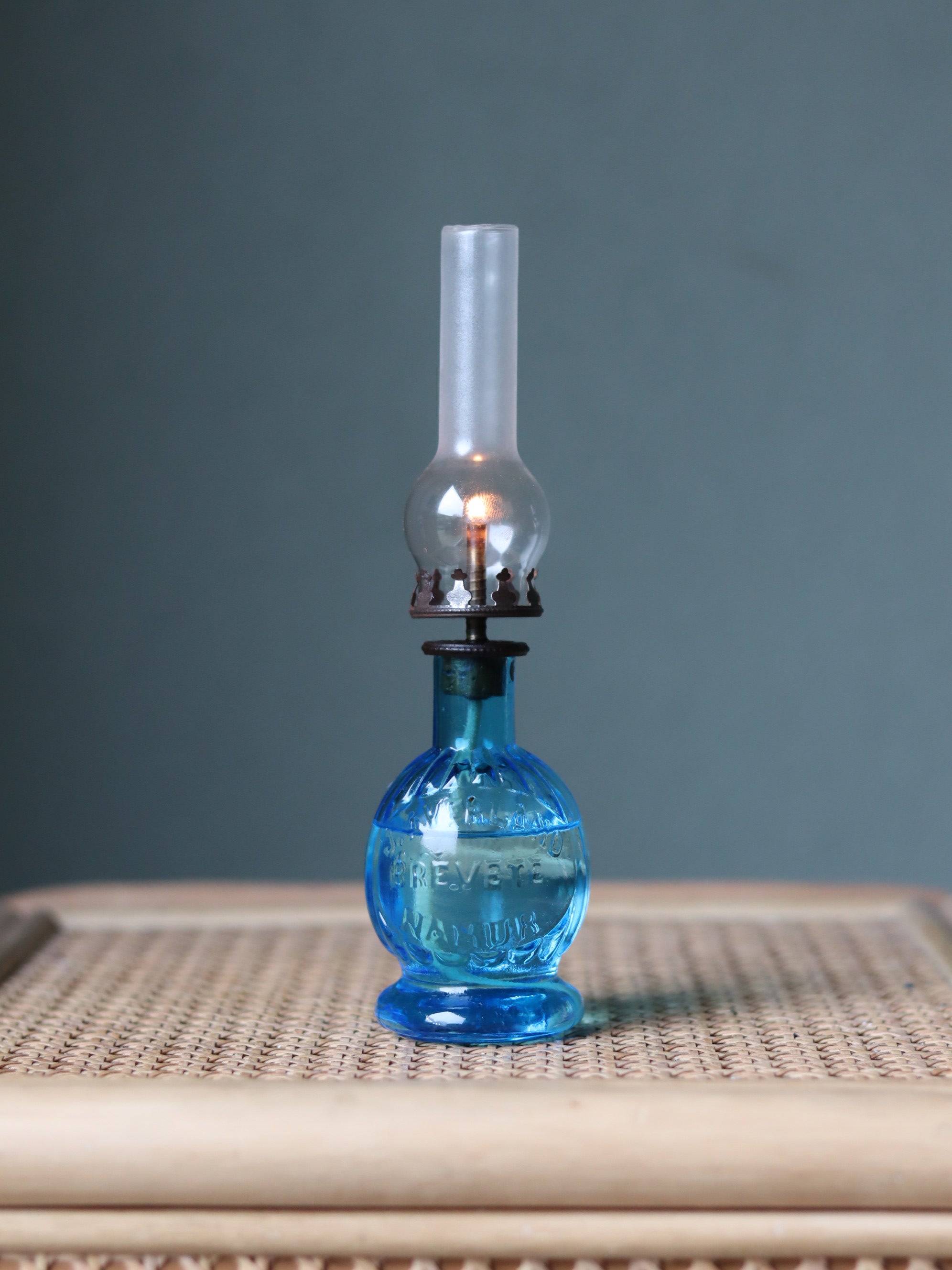 Rare Vintage Blue Oil Lamp – Bedside Nightlight (c.1920) – J. Averland Brevette Namur
