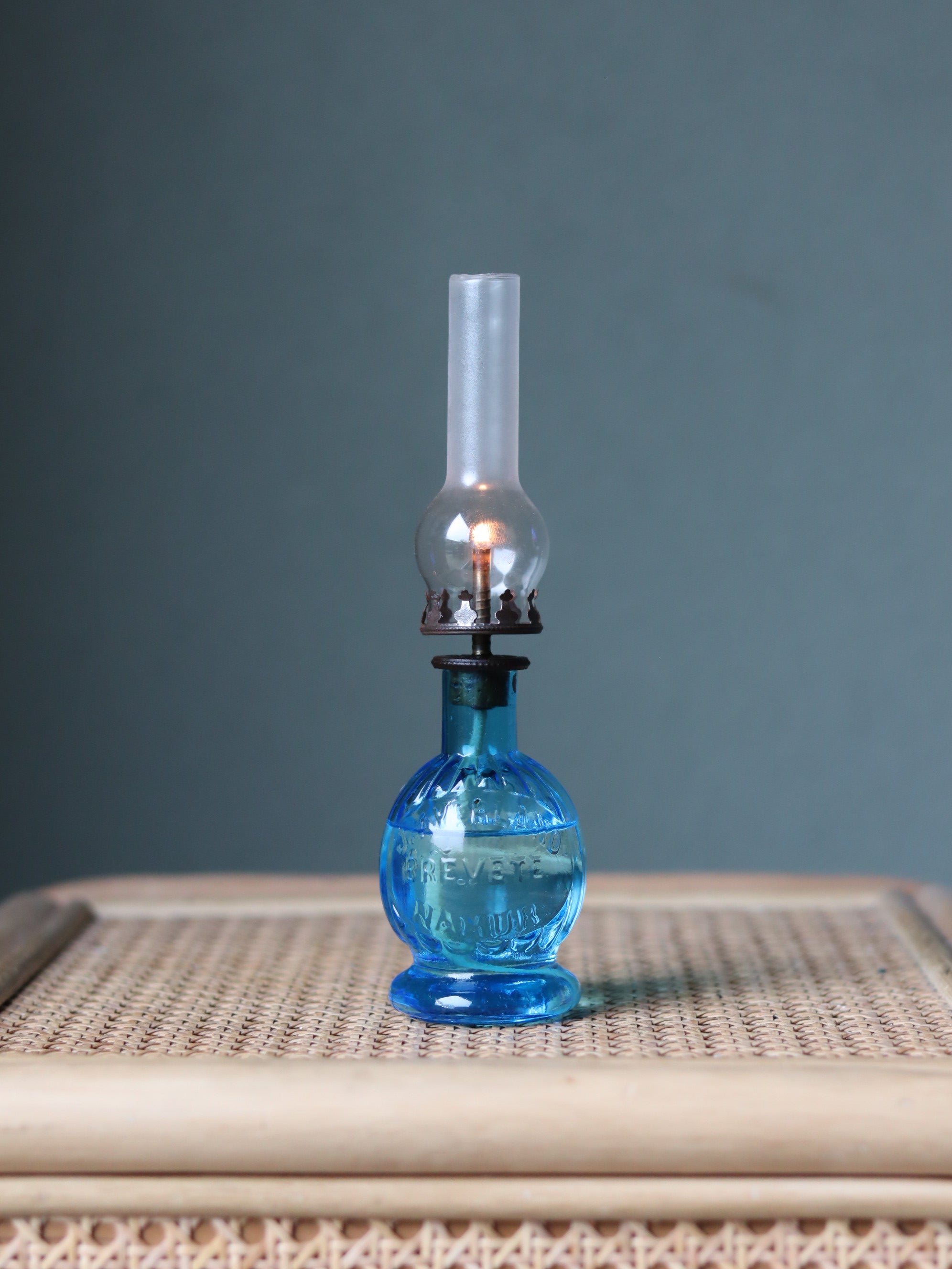 Rare Vintage Blue Oil Lamp – Bedside Nightlight (c.1920) – J. Averland Brevette Namur