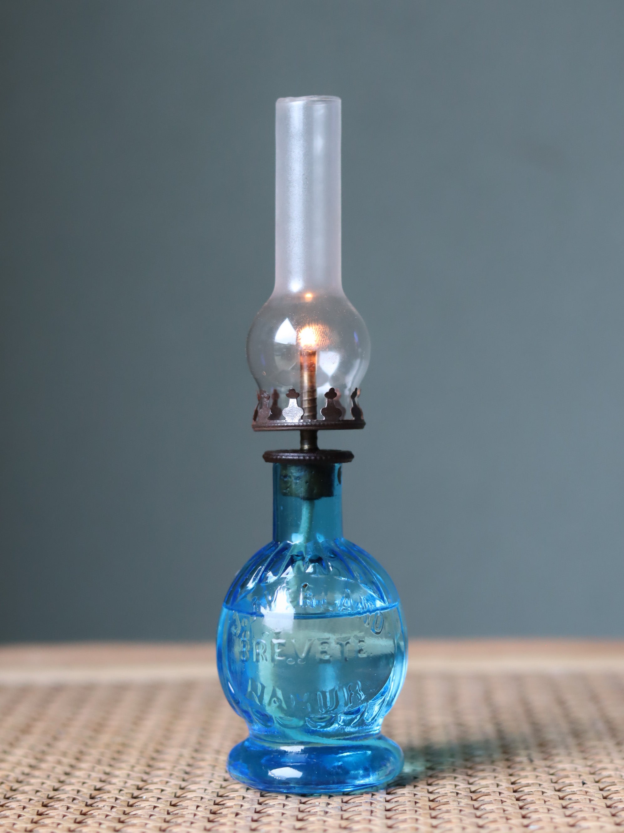 Rare Vintage Blue Oil Lamp – Bedside Nightlight (c.1920) – J. Averland Brevette Namur