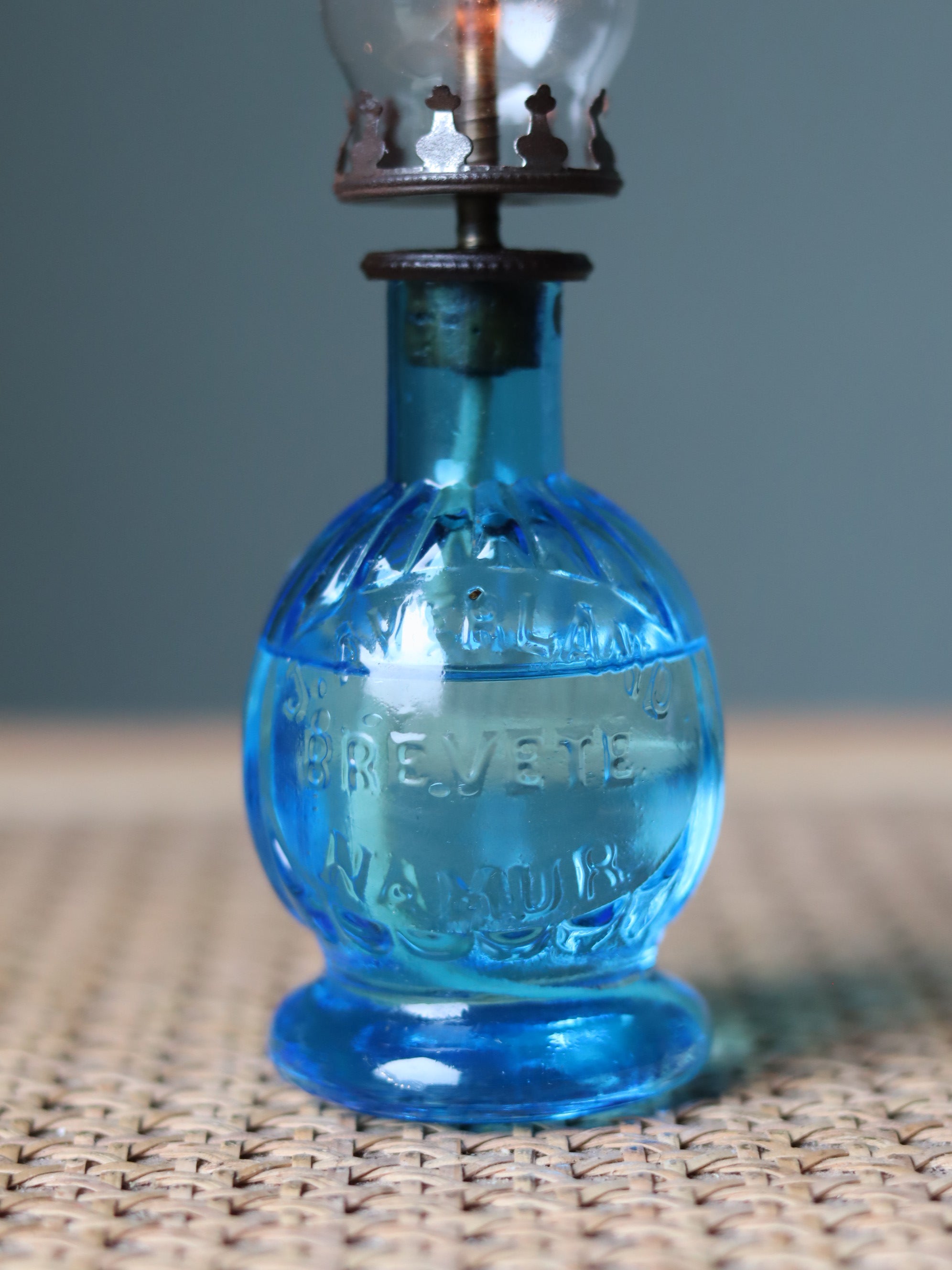 Rare Vintage Blue Oil Lamp – Bedside Nightlight (c.1920) – J. Averland Brevette Namur