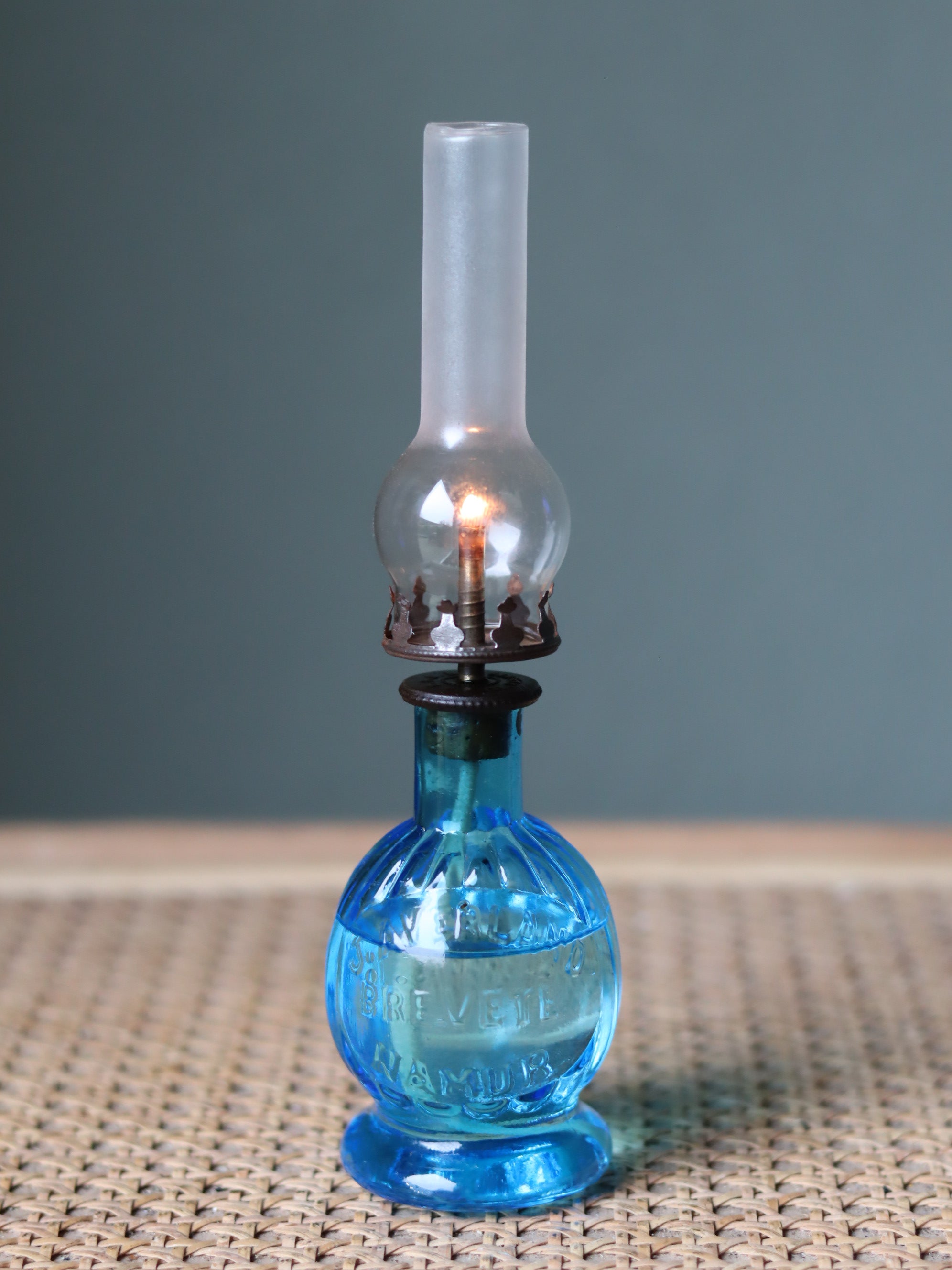 Rare Vintage Blue Oil Lamp – Bedside Nightlight (c.1920) – J. Averland Brevette Namur