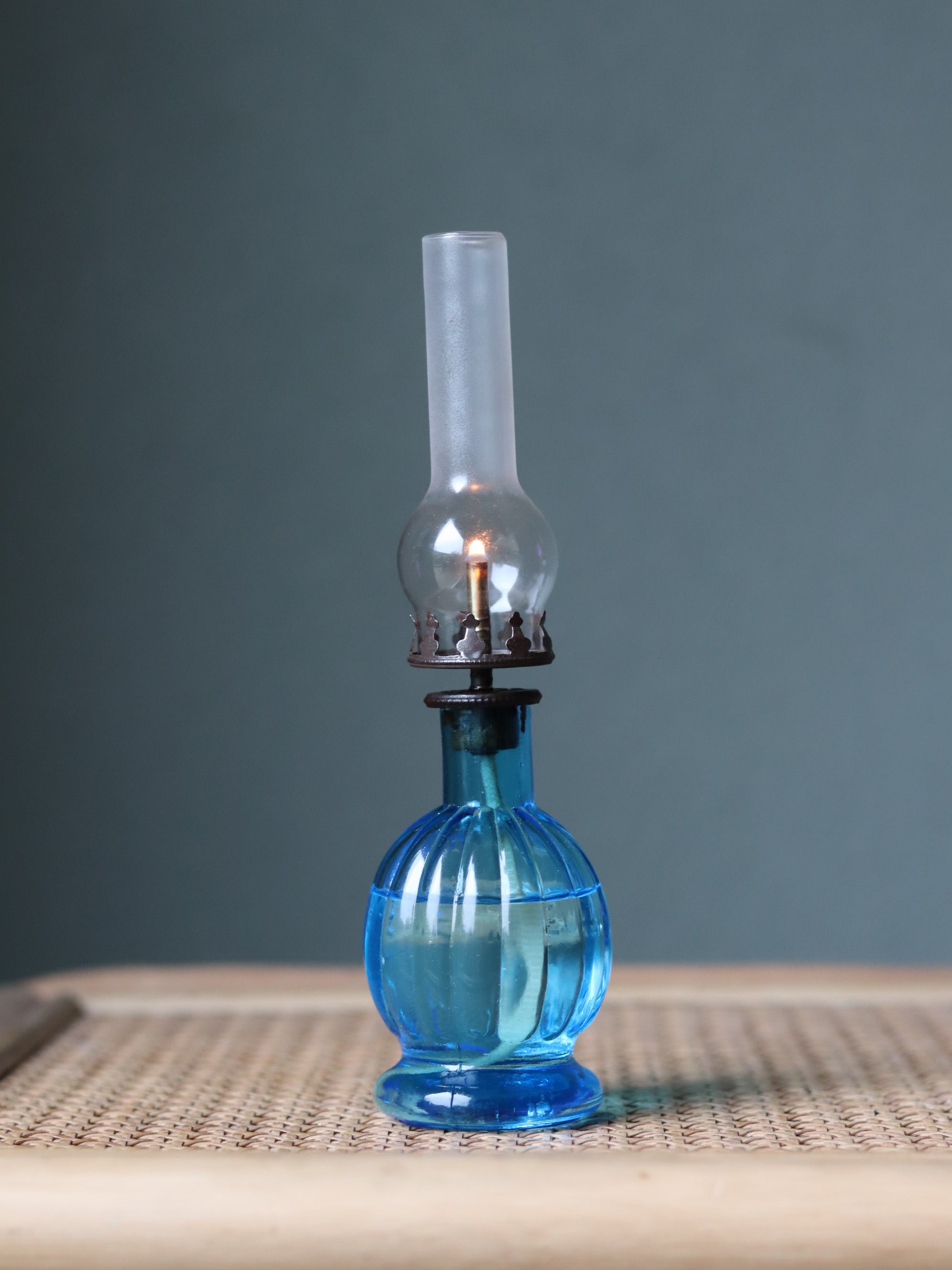 Rare Vintage Blue Oil Lamp – Bedside Nightlight (c.1920) – J. Averland Brevette Namur