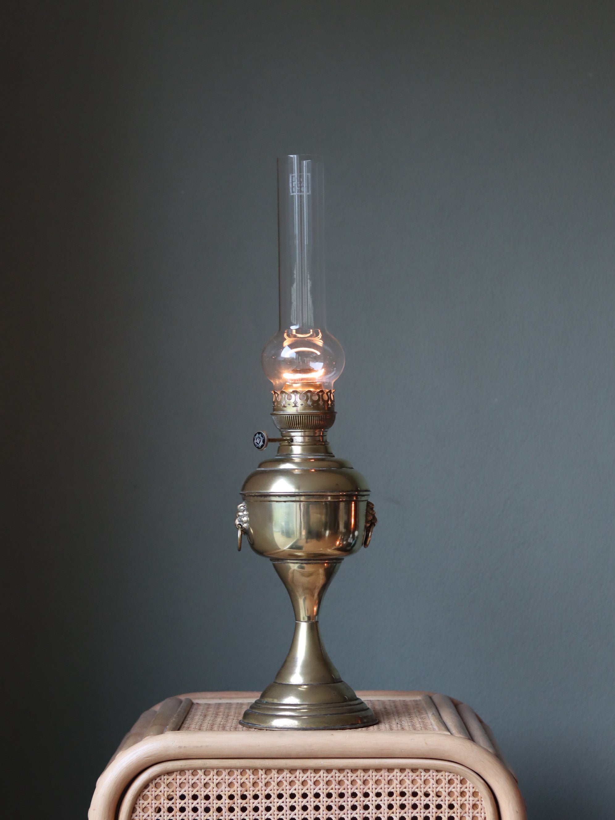 Vintage Brass Oil Lamp with Lion Heads & 20" Hugo Schneider Matador Burner