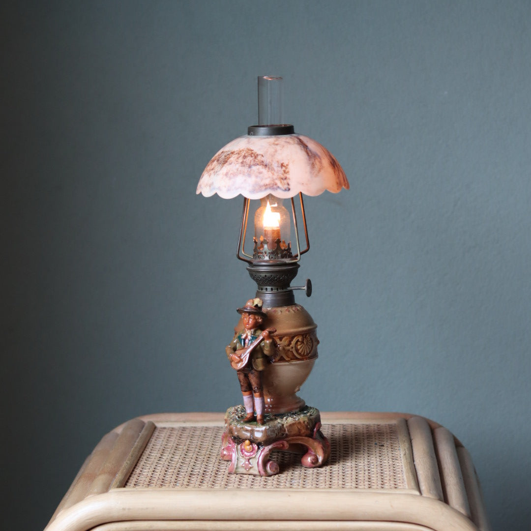 Decorative Vintage Oil Lamp – Ceramic Base with Marble-Look Shade (1950s–1960s)