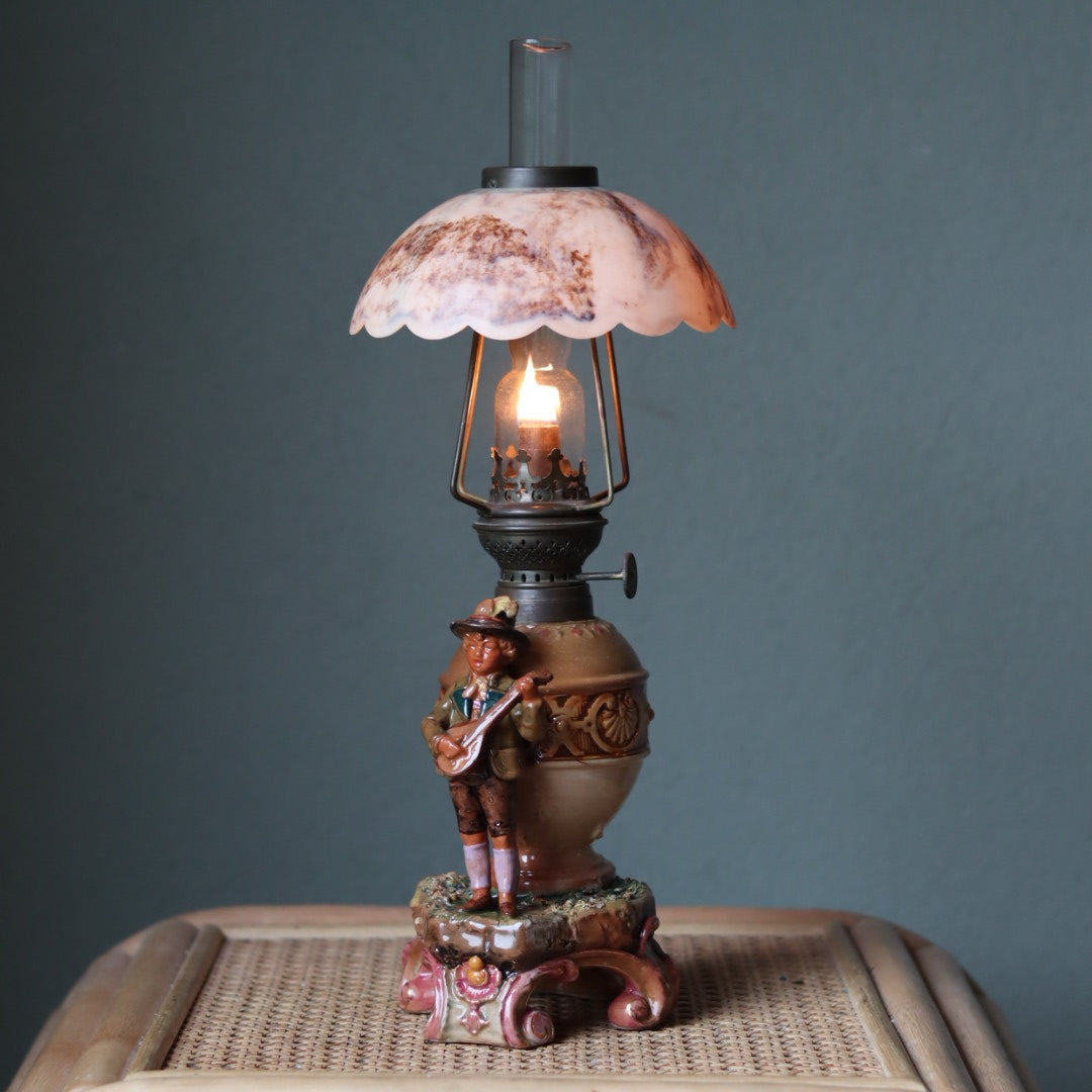 Decorative Vintage Oil Lamp – Ceramic Base with Marble-Look Shade (1950s–1960s)