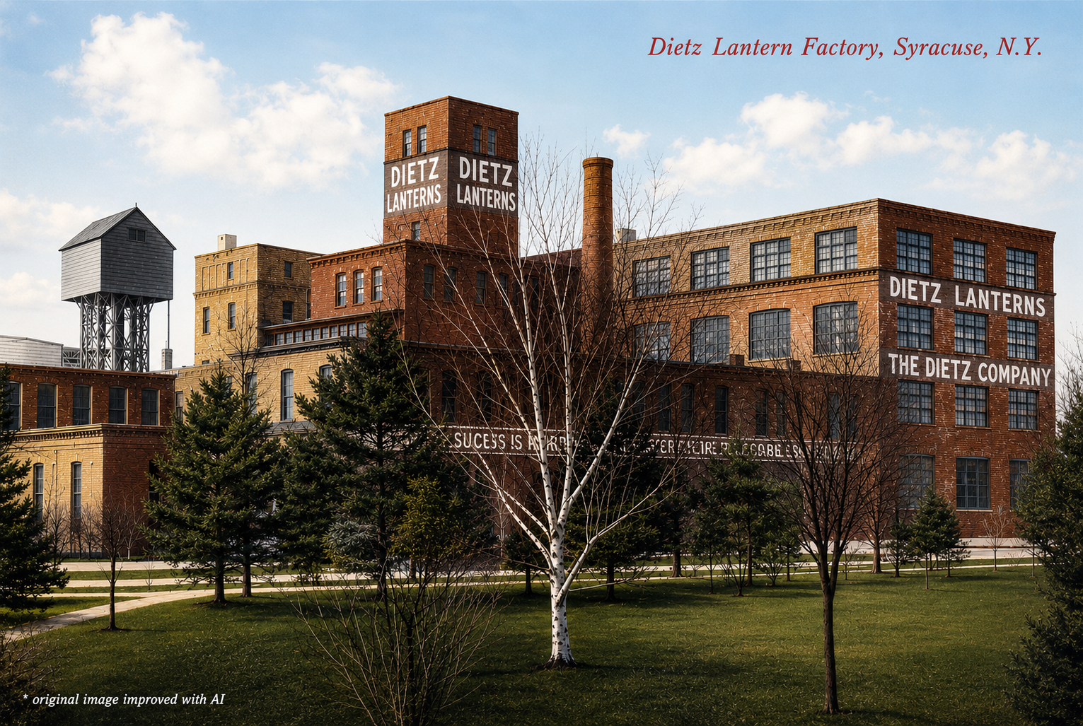 The Dietz Lantern Factory in Syracuse, New York around 1910. Original historical postcard image enhanced with AI.