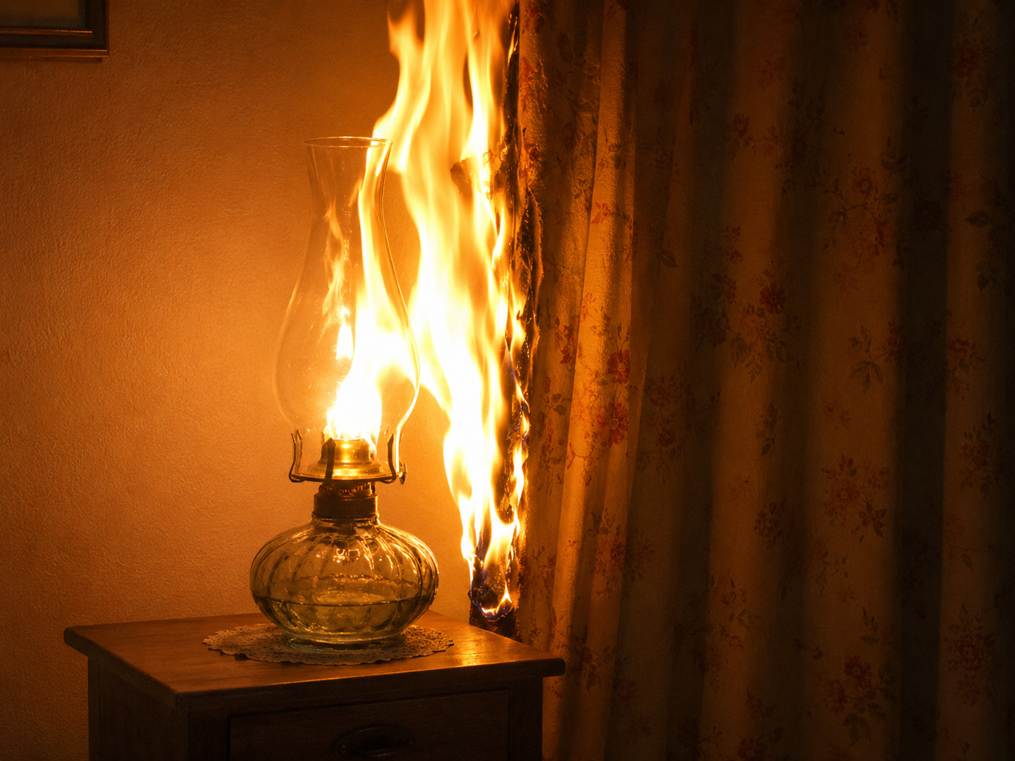 Oil lamp with flame set too high, causing soot and risk of fire