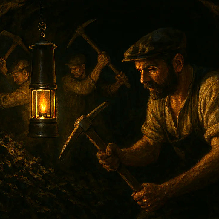 Oil lamp hanging in a dark mine illuminating a miner using a pickaxe, featuring the classic miner's lamp design.
