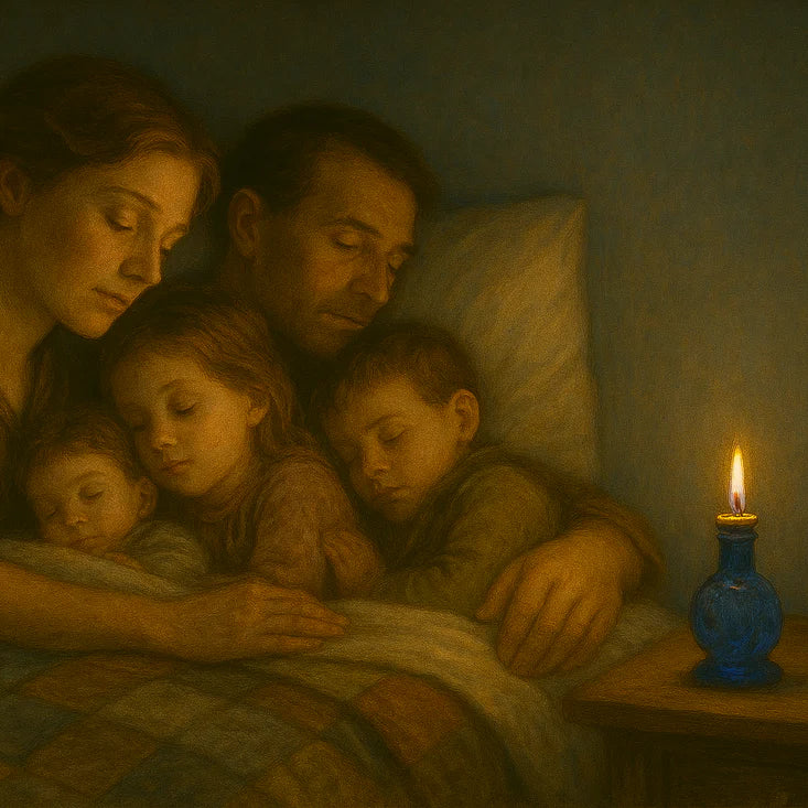 Blue glass oil lamp with a lit flame on a wooden table beside a sleeping family in a dimly lit room