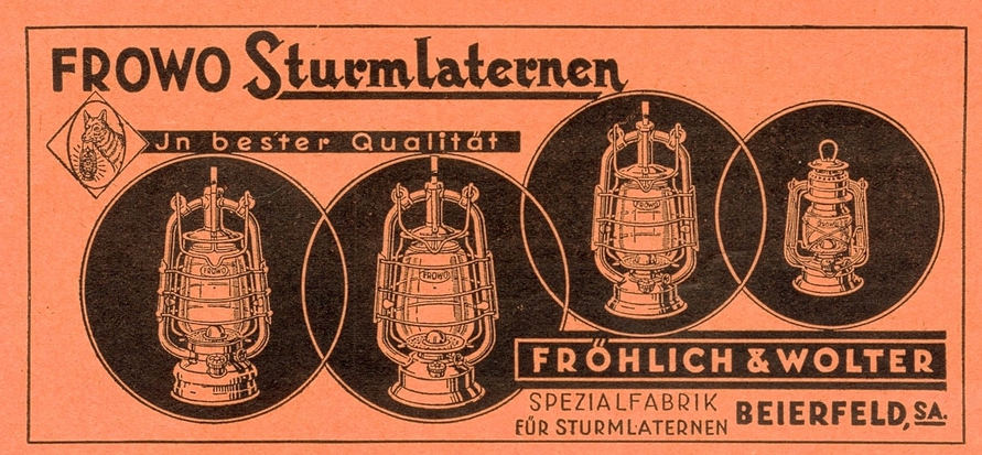 Four vintage oil lamps labeled FroWo with detailed metal frames displayed on an orange background with German text.