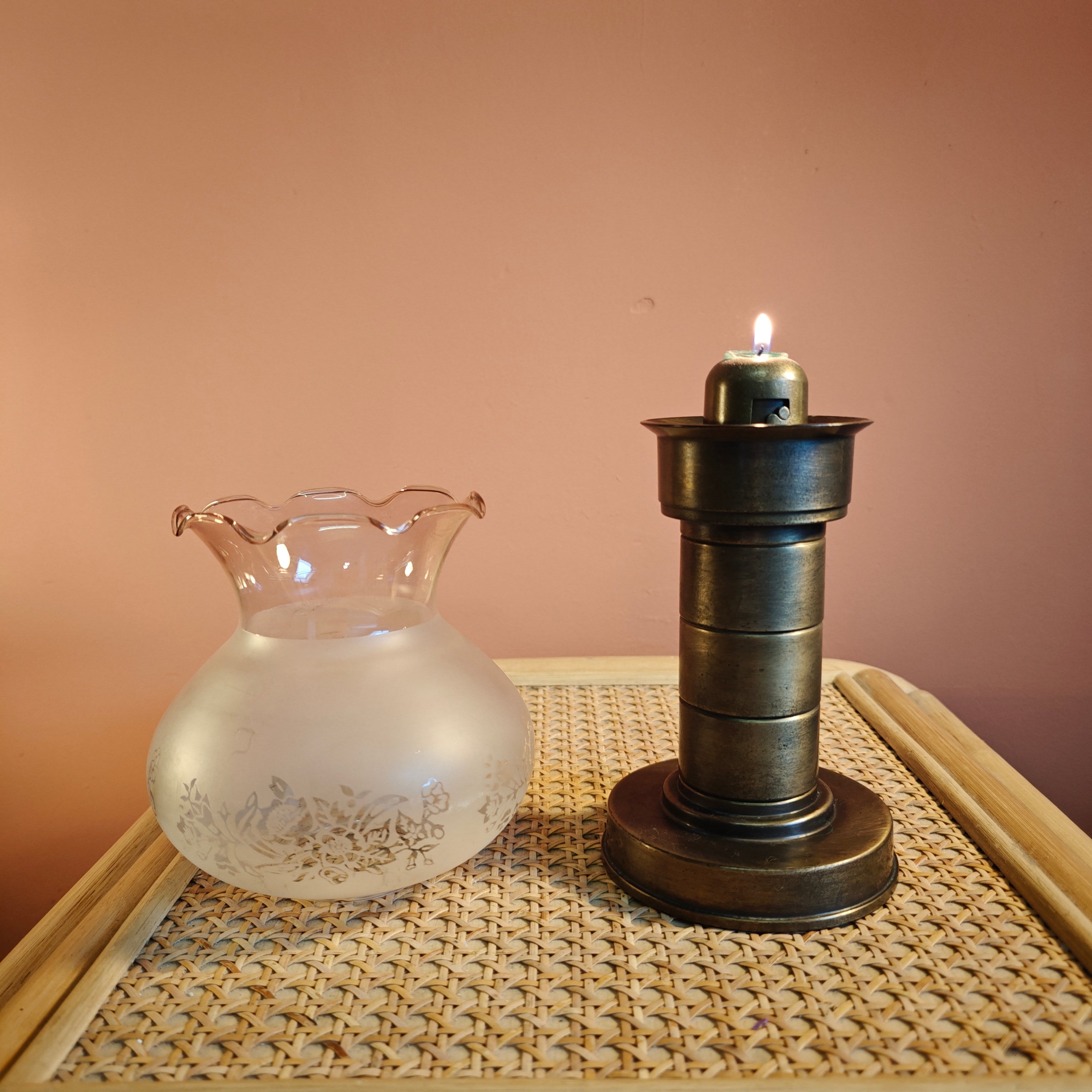 Rare German Brass Candle Holder with Glass Shade – Föhl, Made in Germany