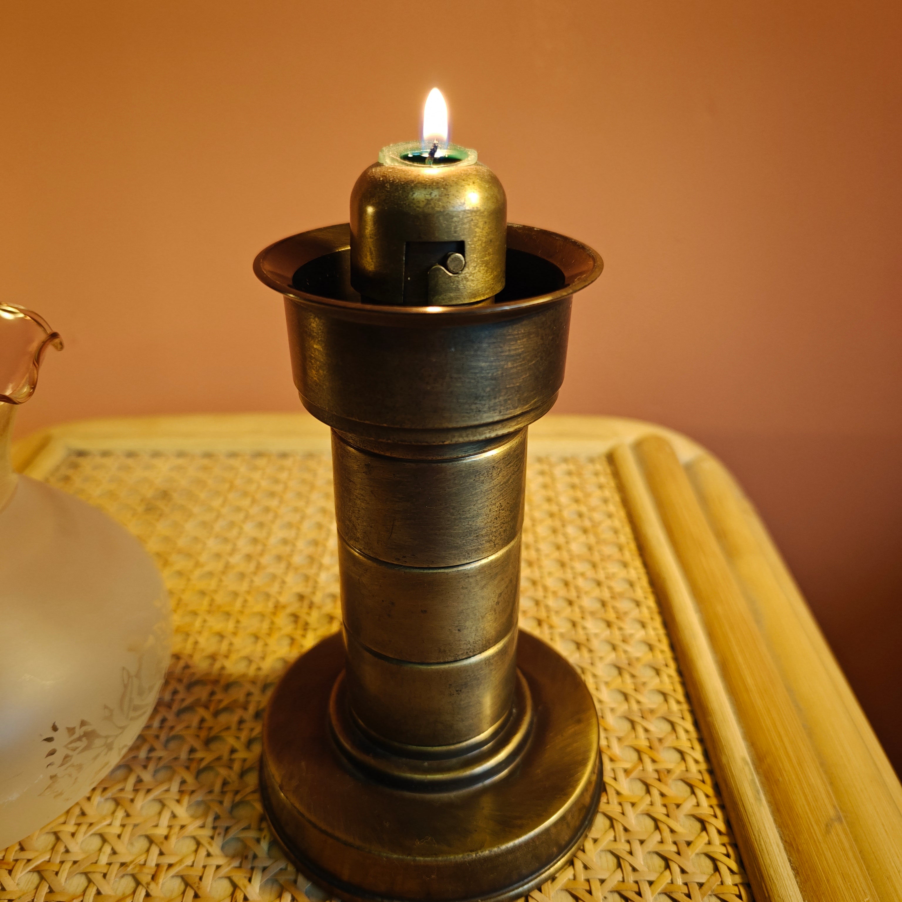 Rare German Brass Candle Holder with Glass Shade – Föhl, Made in Germany