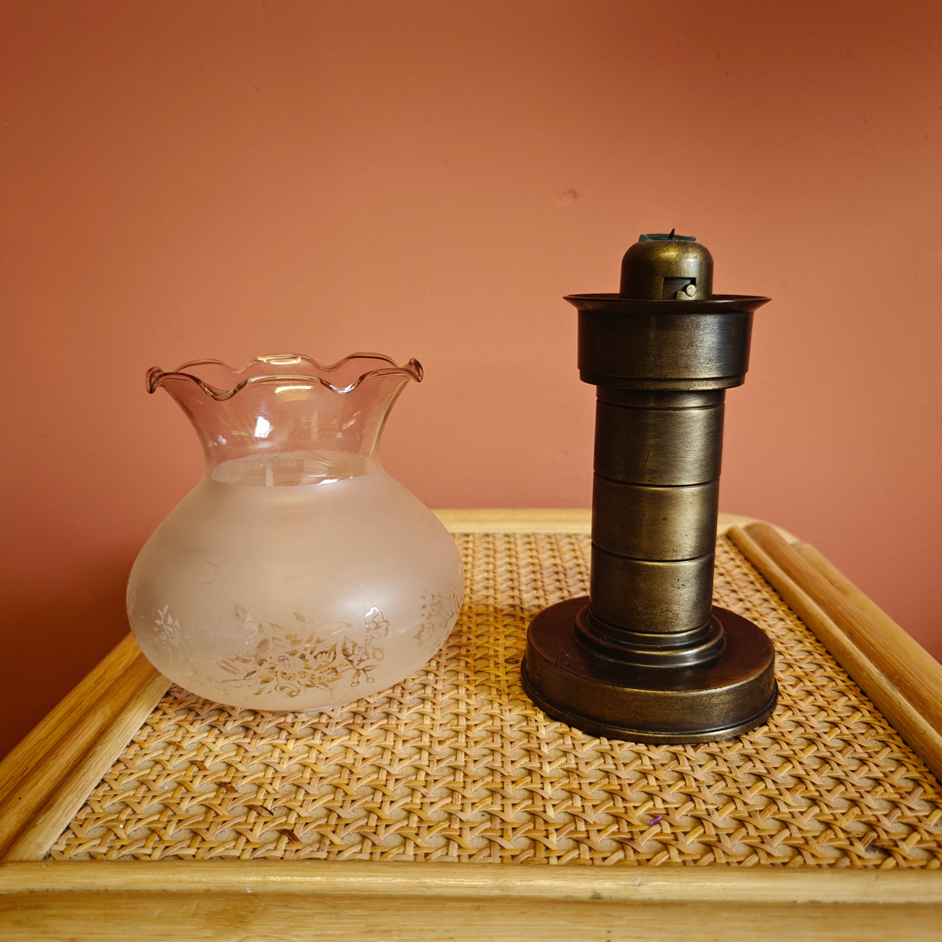 Rare German Brass Candle Holder with Glass Shade – Föhl, Made in Germany