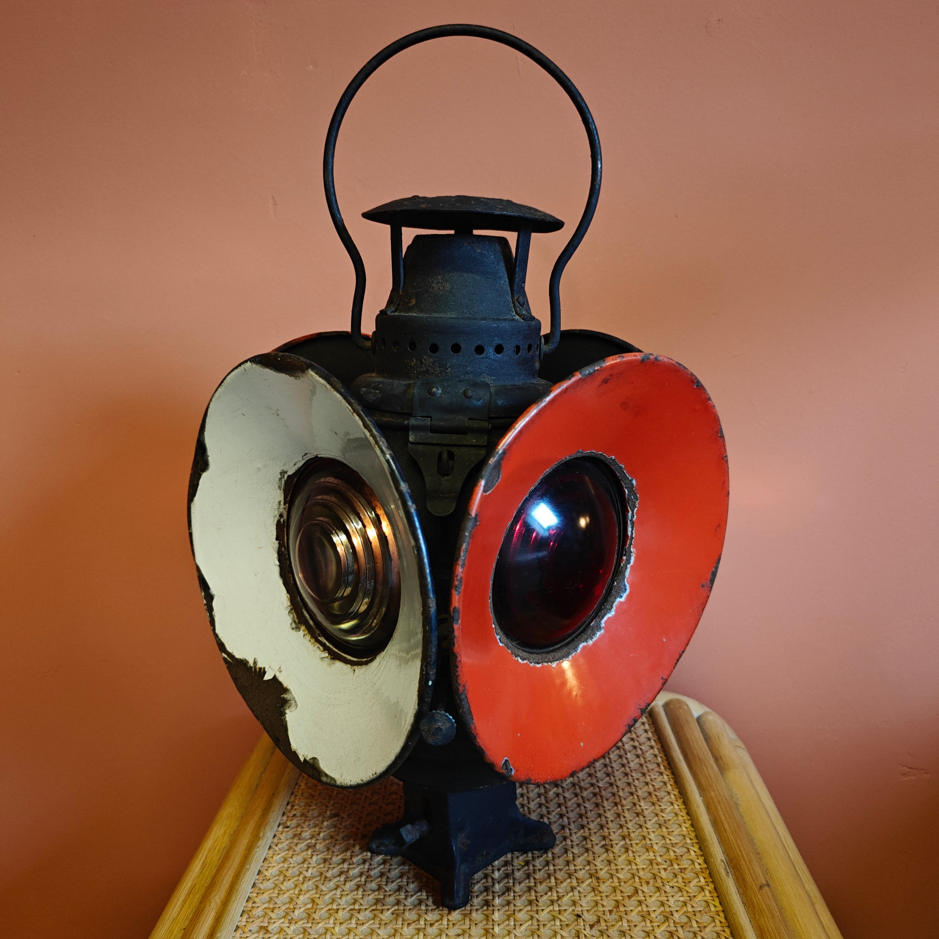 Rare Antique Railway Signal Lamp – Adlake “Non-Sweating” Lamp, Chicago, 1920s–1930s featuring original oil reservoir and lenses