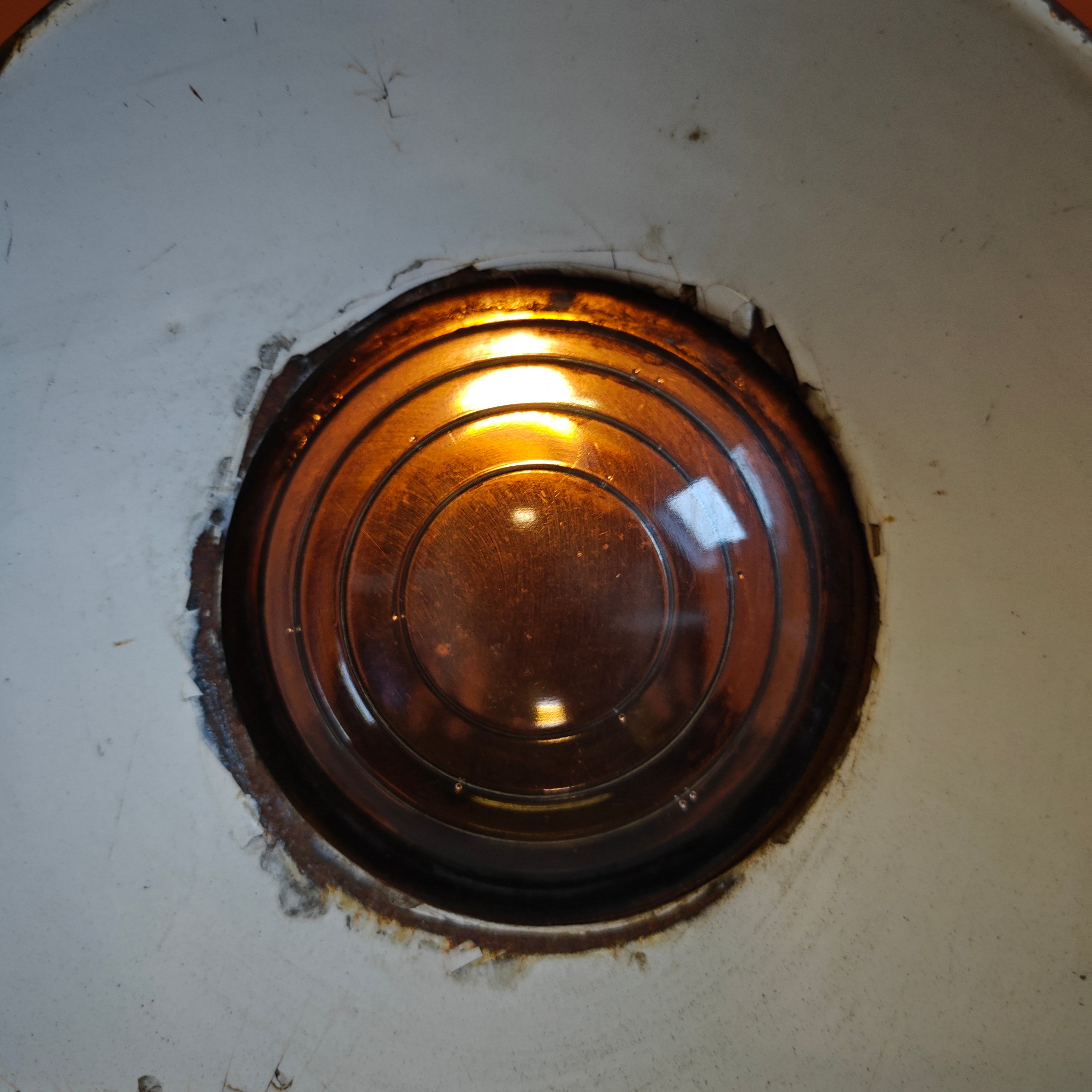 Rare Antique Railway Signal Lamp – Adlake “Non-Sweating” Lamp amber glass oil reservoir detail from 1920s–1930s Chicago model