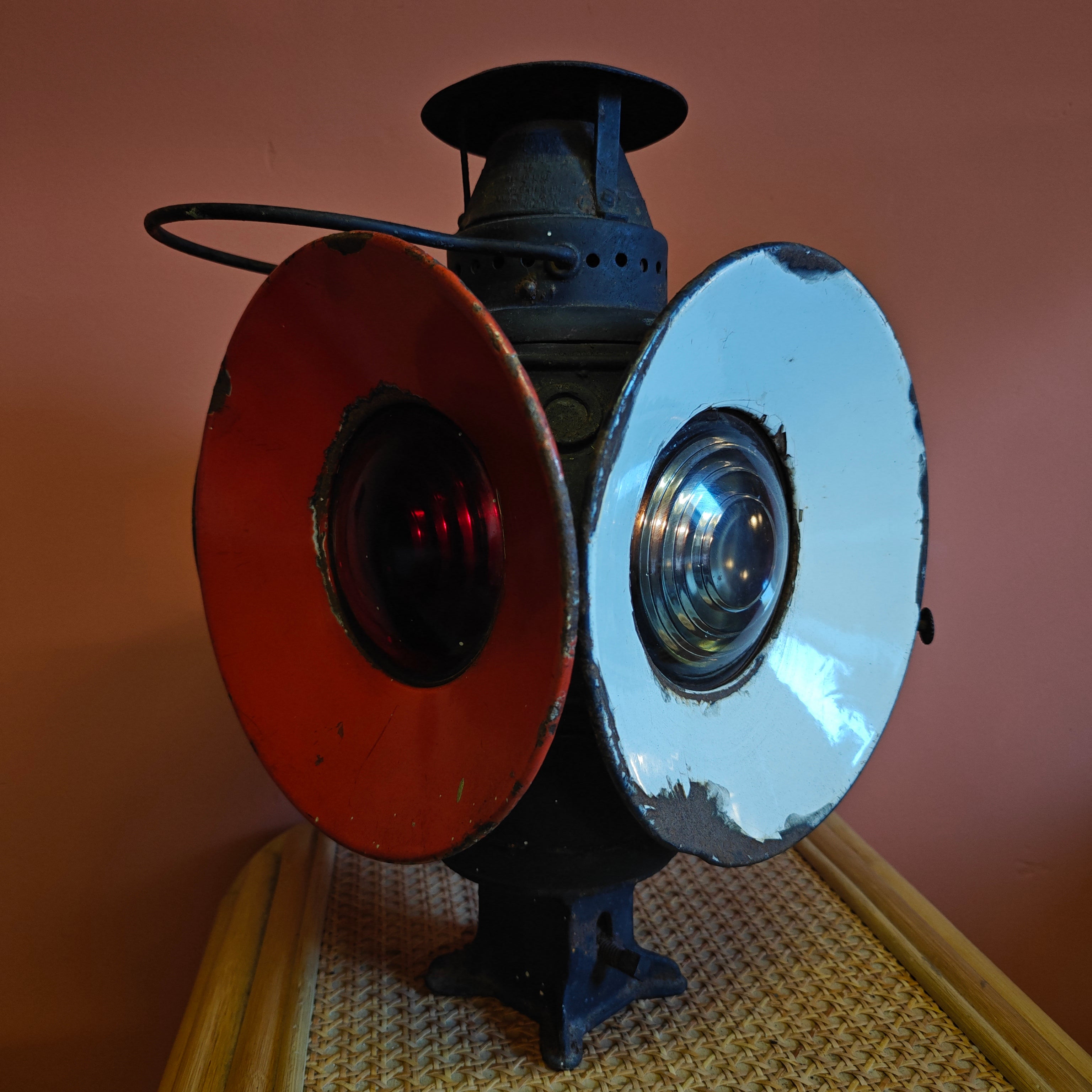 Rare Antique Railway Signal Lamp – Adlake “Non-Sweating” Lamp with original oil reservoir and dual colored lenses from 1920s–1930s