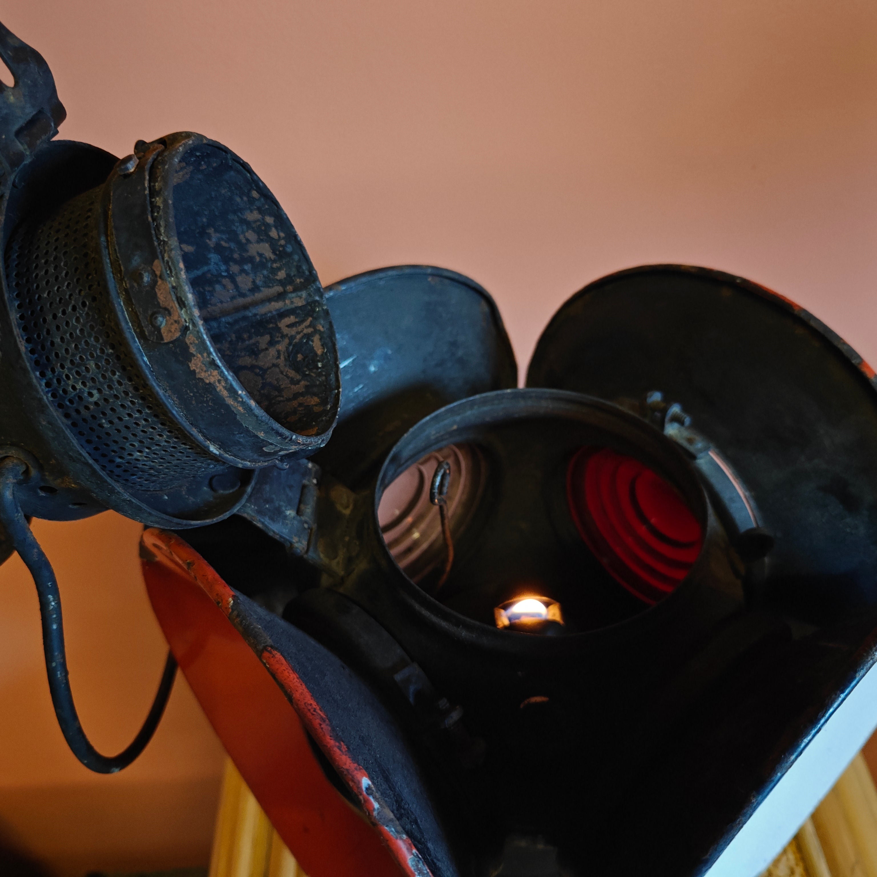 Rare Antique Railway Signal Lamp – Adlake “Non-Sweating” Lamp with original oil reservoir lit inside the lamp housing