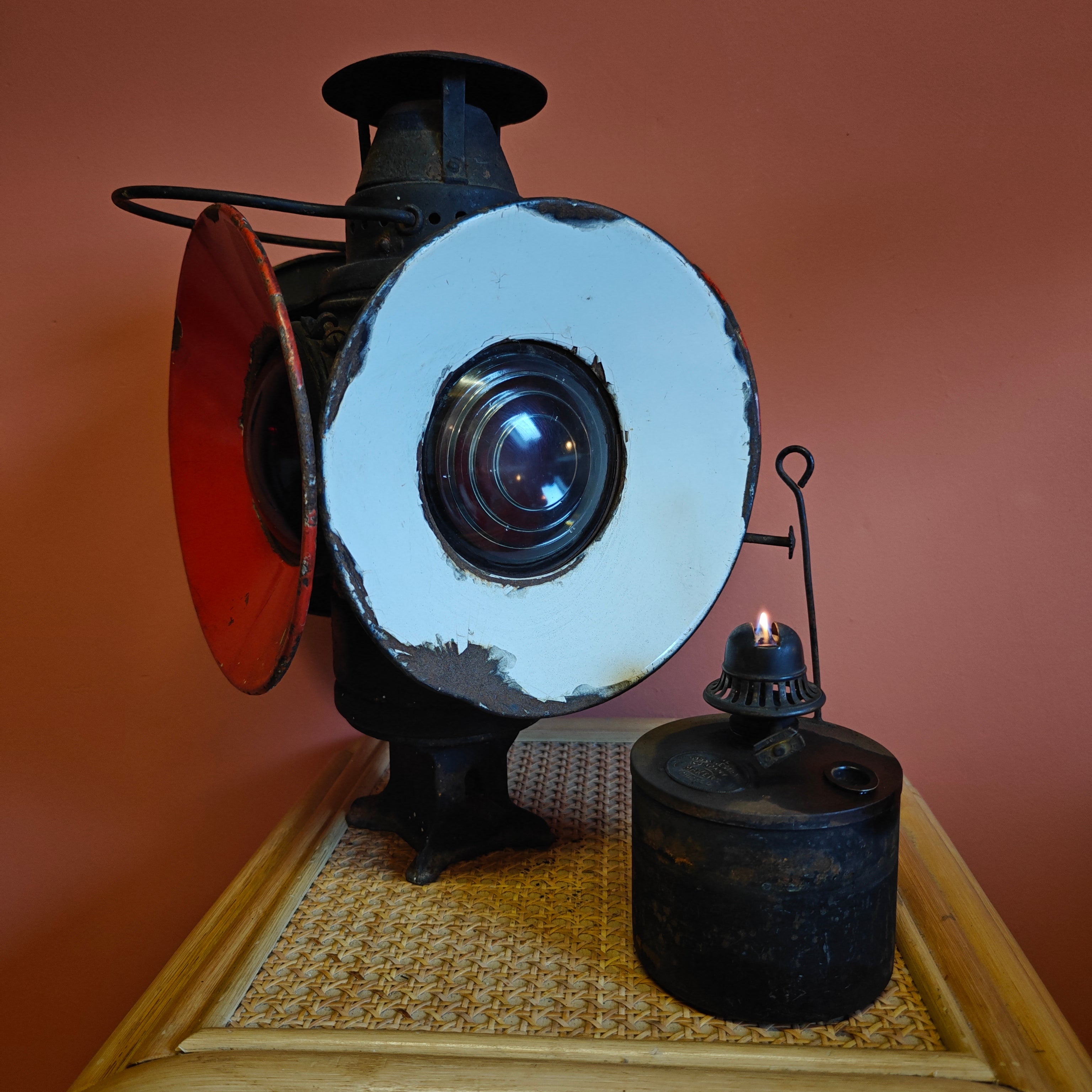 Rare Antique Railway Signal Lamp – Adlake “Non-Sweating” Lamp with original oil reservoir and lit oil lamp component from 1920s–1930s Chicago