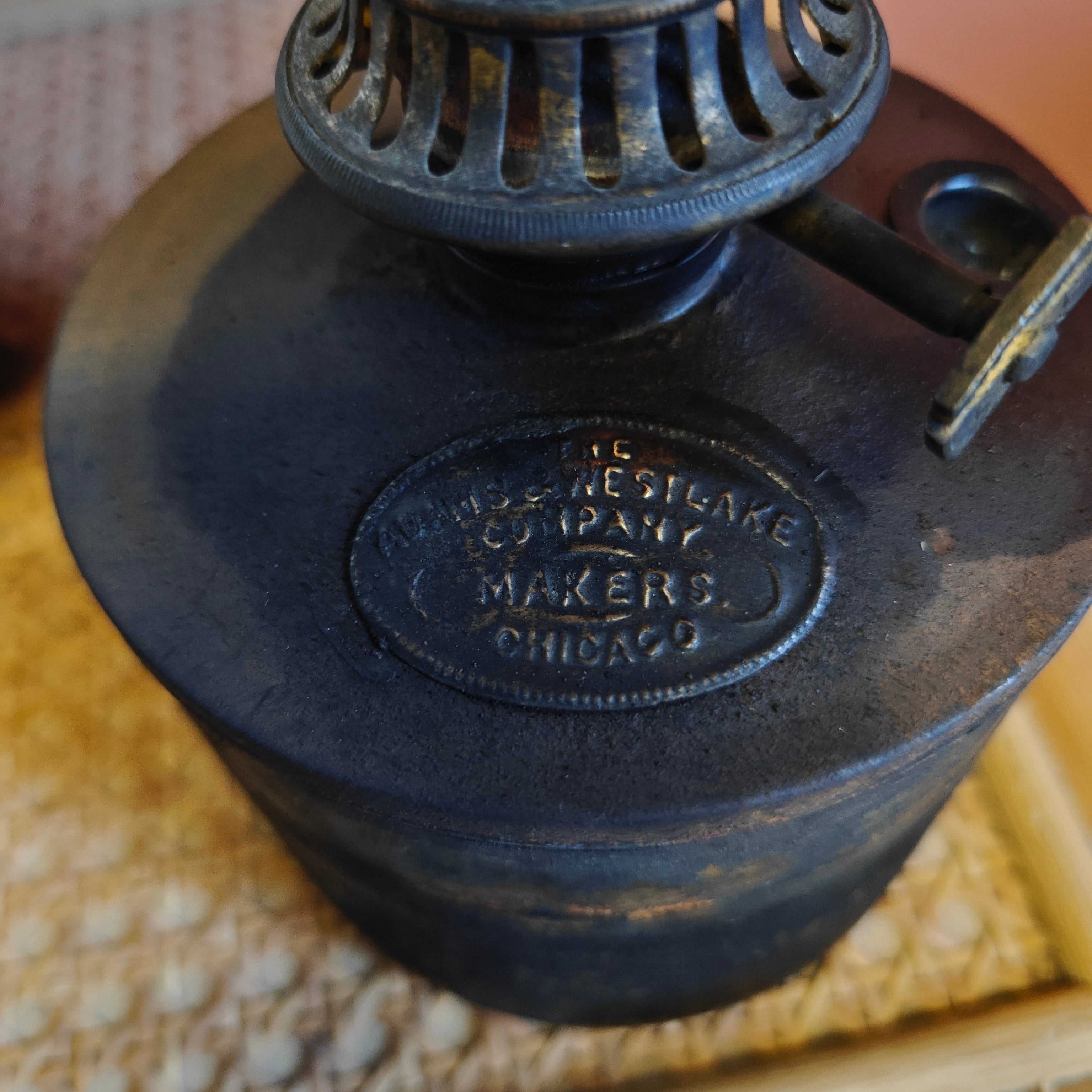 Rare Antique Railway Signal Lamp – Adlake “Non-Sweating” Lamp, Chicago, 1920s–1930s with original oil reservoir and maker's mark.