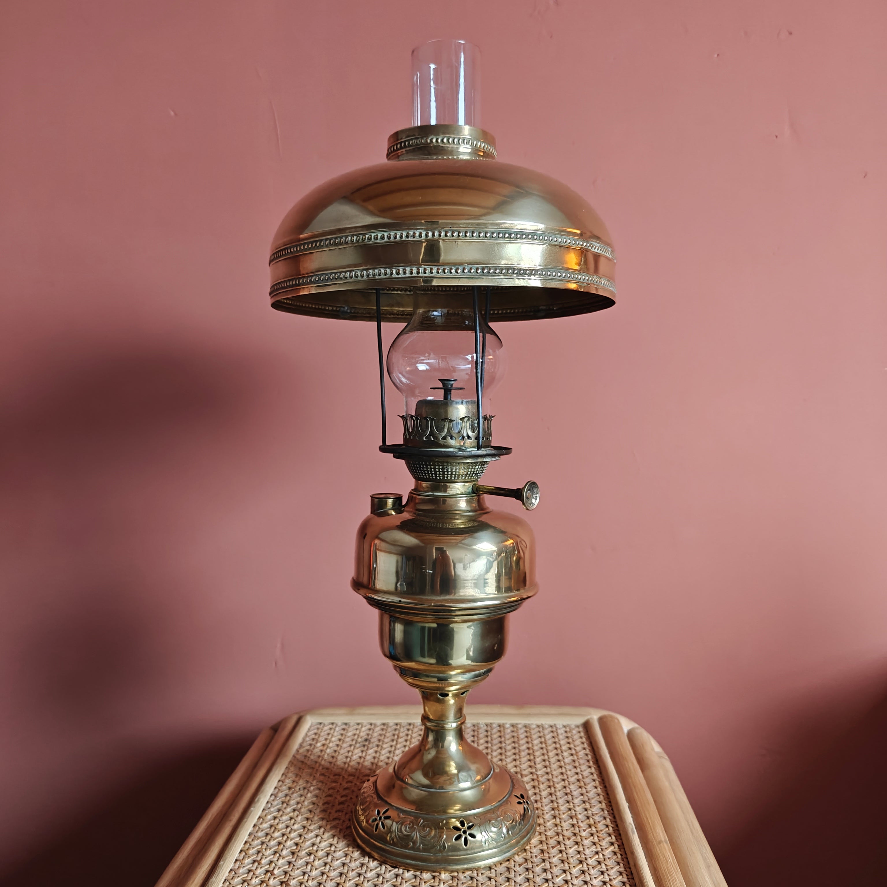 Elegant Brass Oil Lamp with Brass Shade – L & B Lempereur Bernard (Belgium), Featuring Unique Burner Design