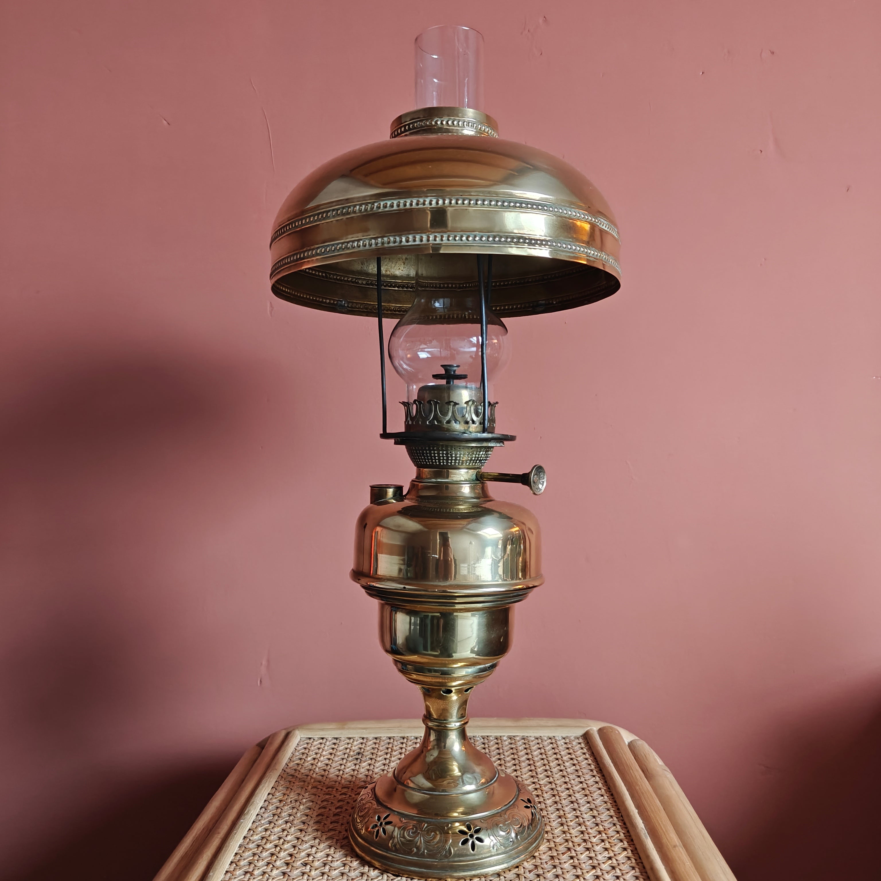 Elegant Brass Oil Lamp with Brass Shade – L & B Lempereur Bernard (Belgium), Featuring Unique Burner Design