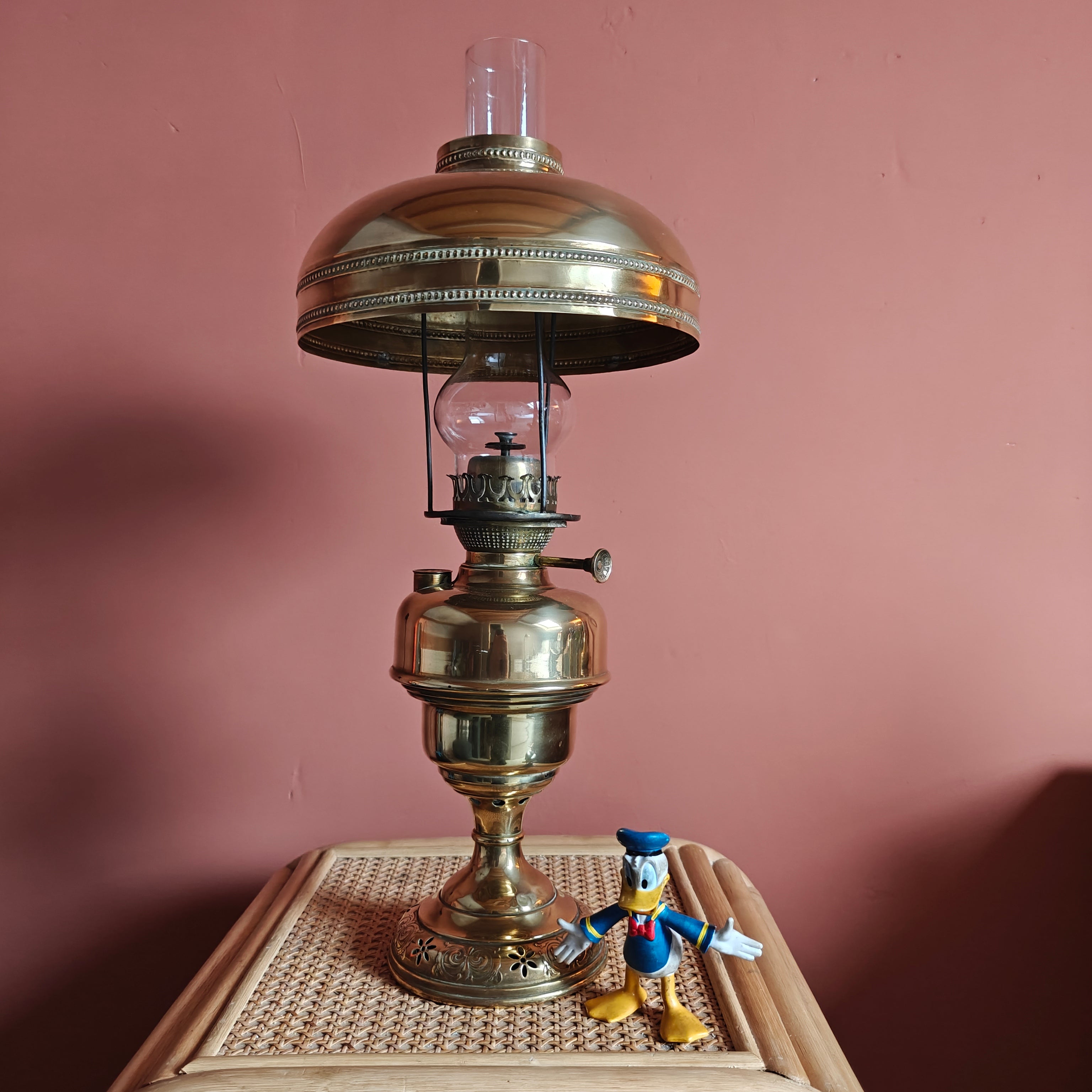 Elegant Brass Oil Lamp with Brass Shade – L & B Lempereur Bernard (Belgium), Featuring Unique Burner Design