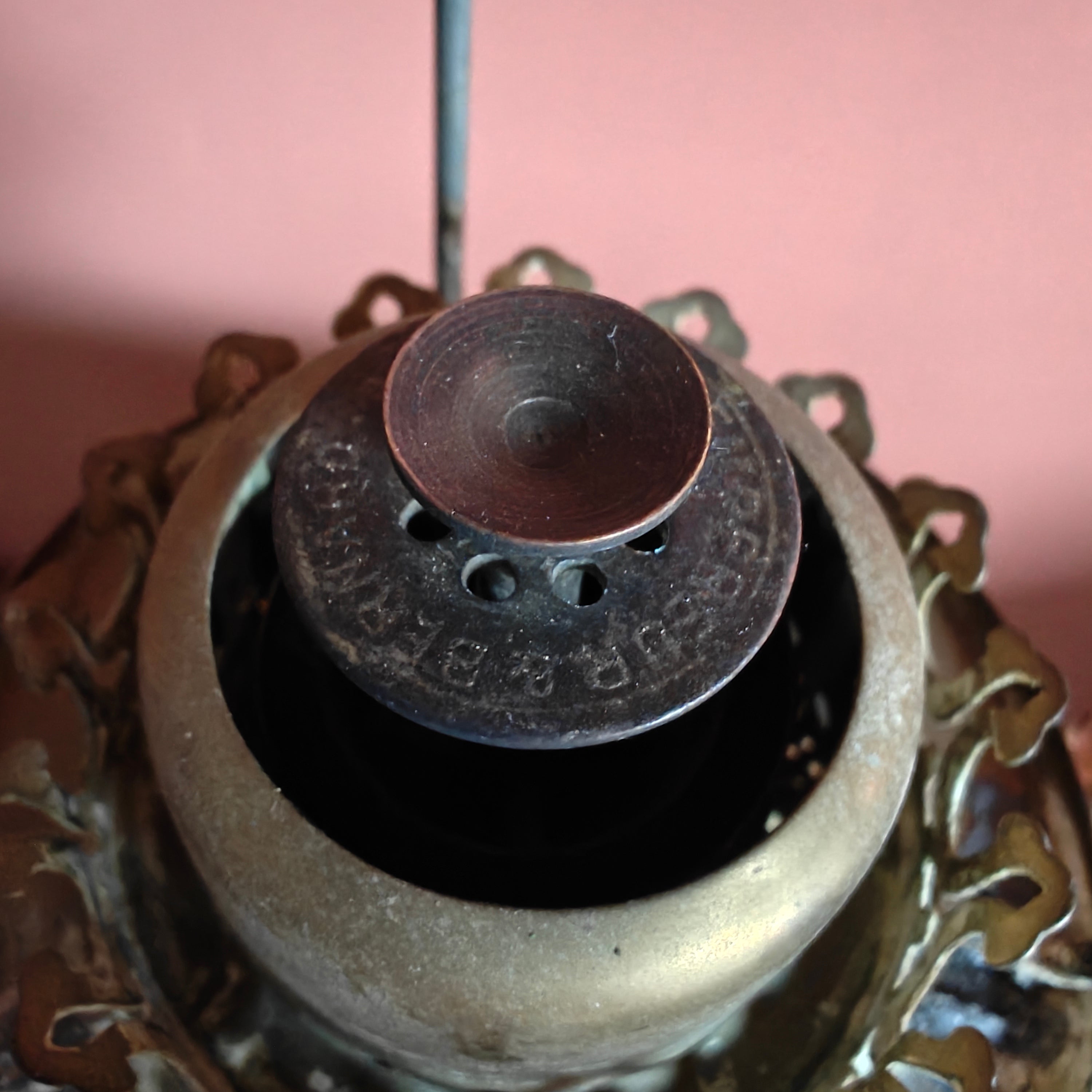 Elegant Brass Oil Lamp with Brass Shade – L & B Lempereur Bernard (Belgium), Featuring Unique Burner Design