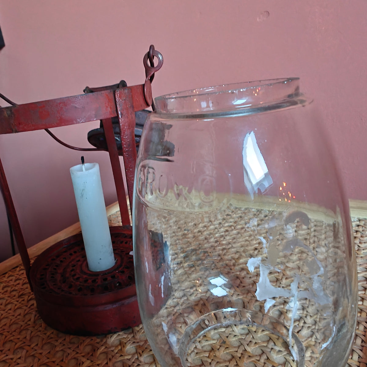 Rare Vintage Frowo Candle Lantern – Model No. 333 – Post-WWII Design with original glass oil lamp detail and red metal frame