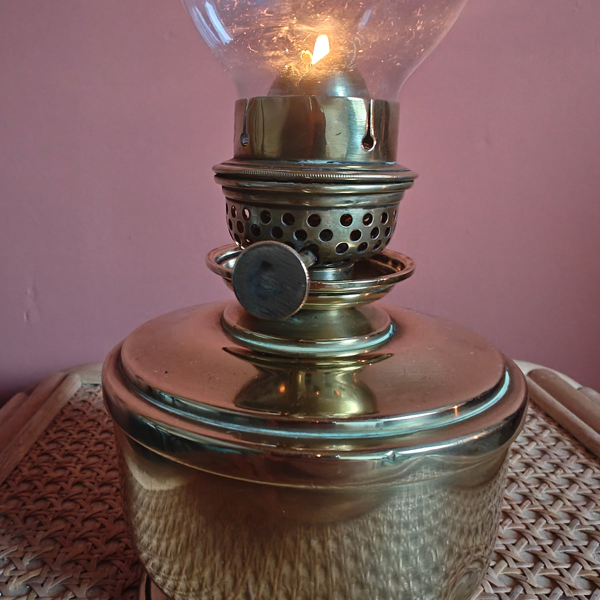 Rare Antique Table Oil Lamp – H. Luchaire PLM, Paris, Brass, Circa 1910, Fully Functional with lit flame close-up