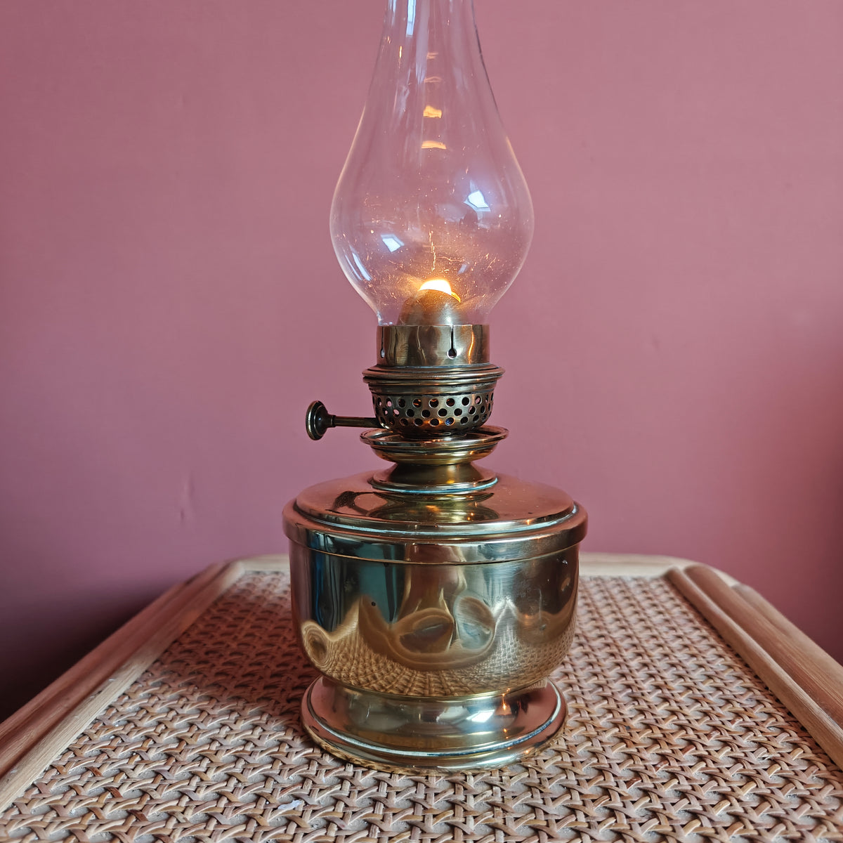 Rare Antique Table Oil Lamp – H. Luchaire PLM, Paris, Brass, Circa 1910, Fully Functional with lit flame on woven surface