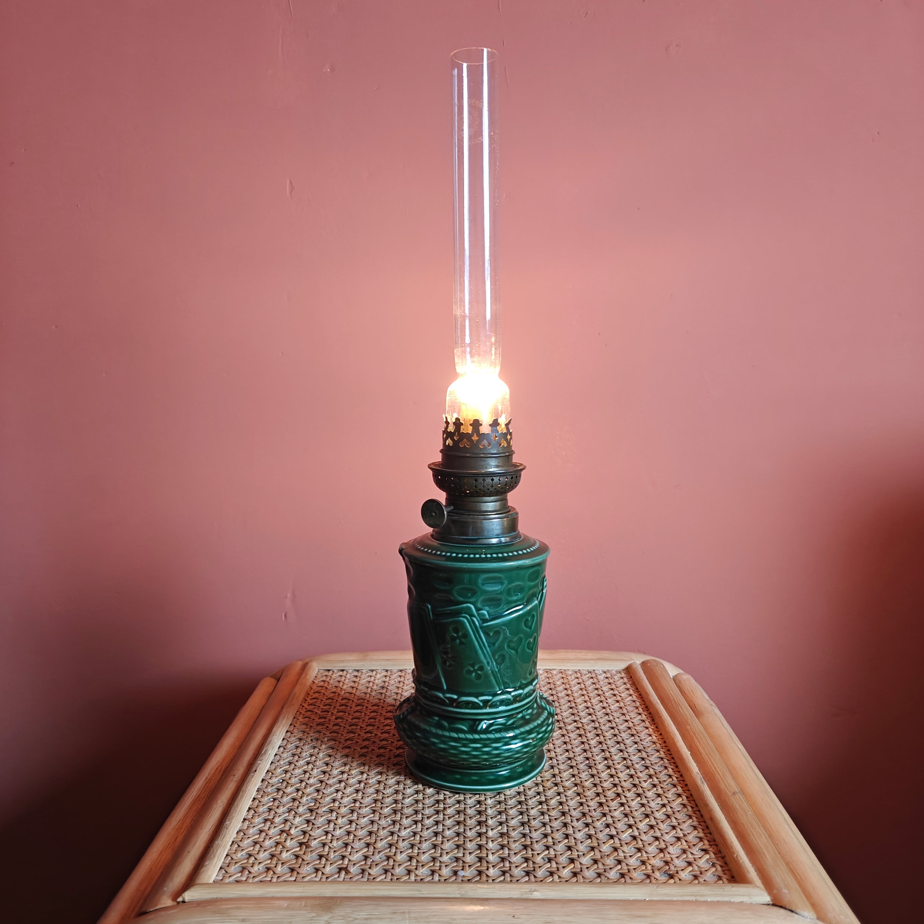 Rare Vintage Ceramic Oil Lamp – Green Base with Playing Card Motif & Early Wild & Wessel Burner (1930s)
