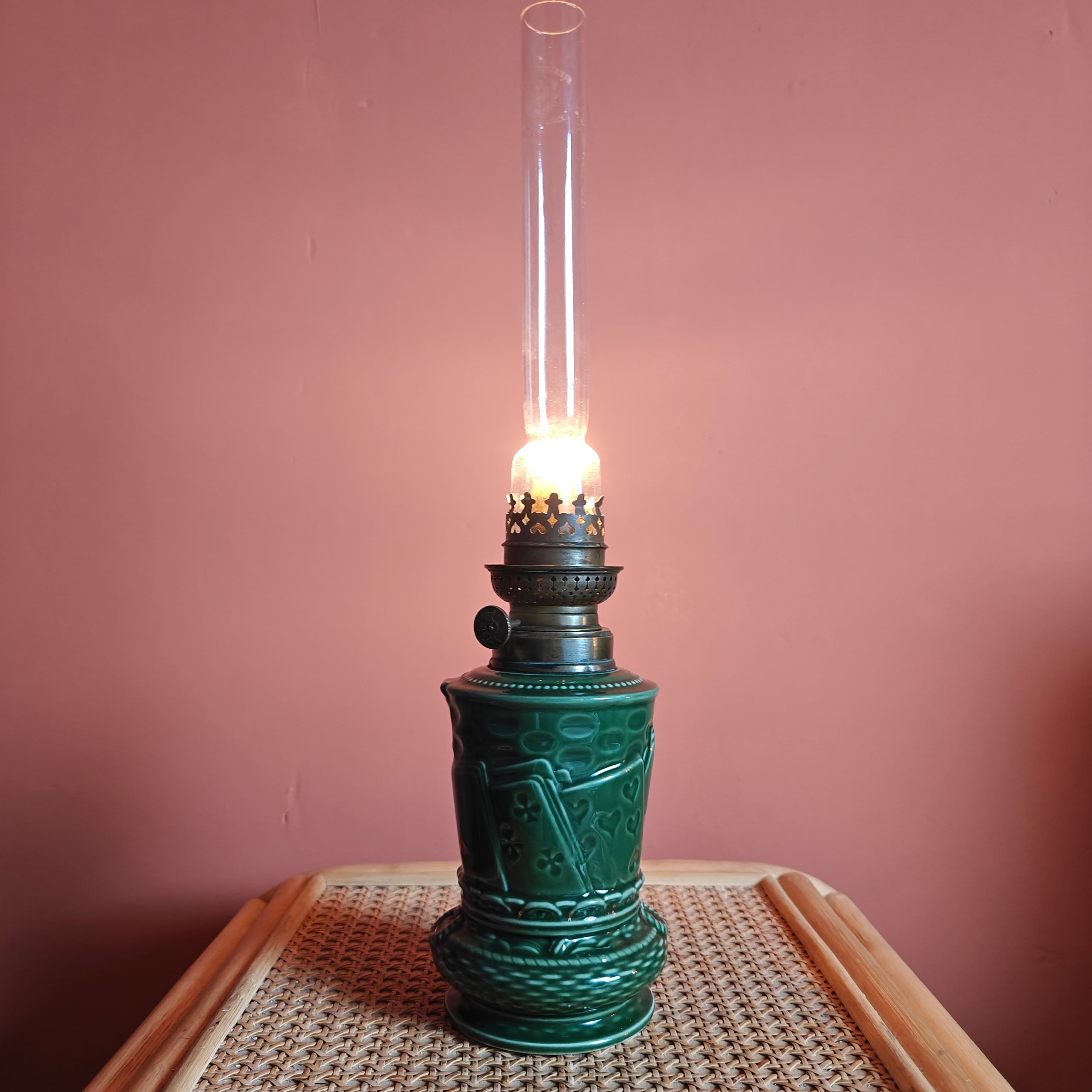 Rare Vintage Ceramic Oil Lamp – Green Base with Playing Card Motif & Early Wild & Wessel Burner (1930s)