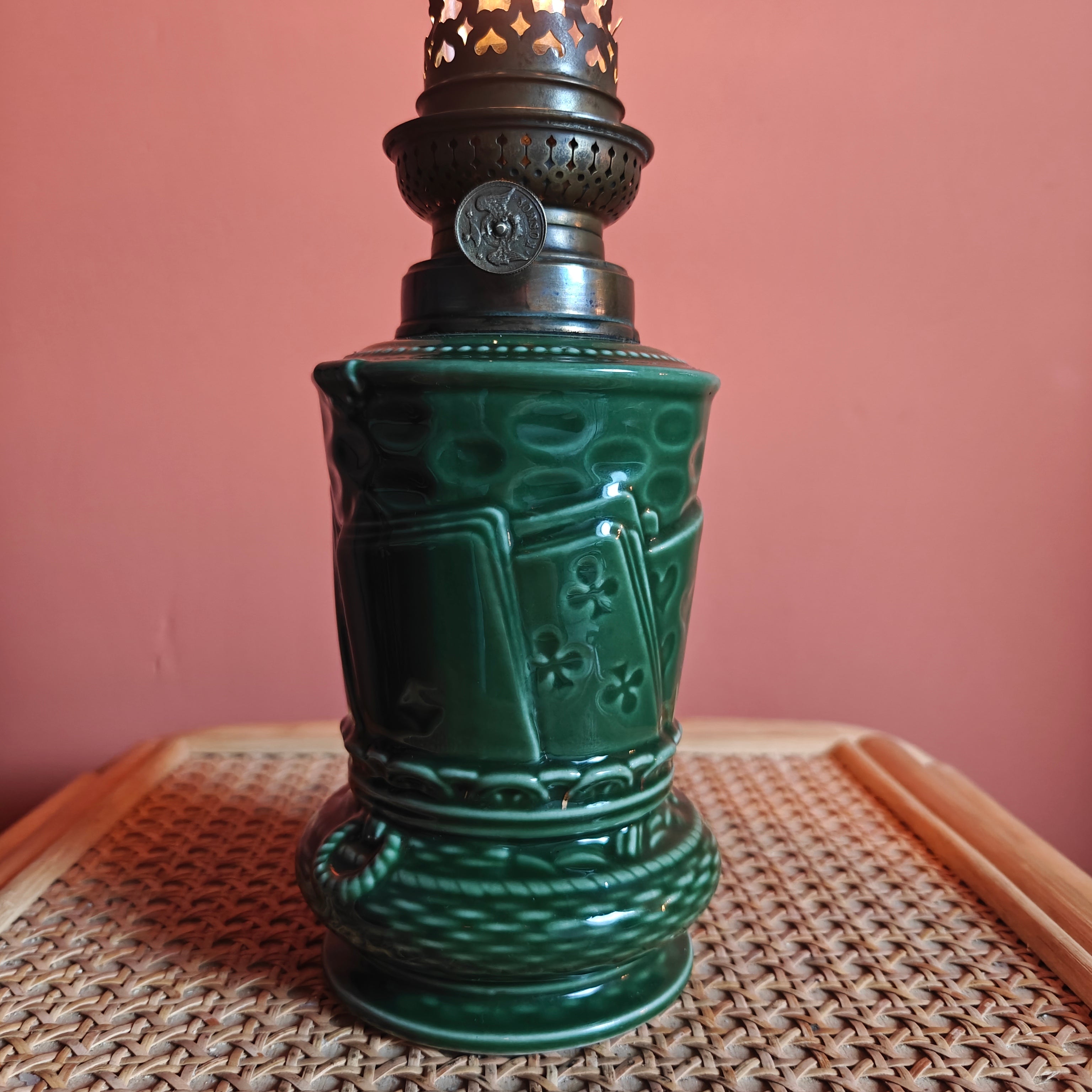 Rare Vintage Ceramic Oil Lamp – Green Base with Playing Card Motif & Early Wild & Wessel Burner (1930s)