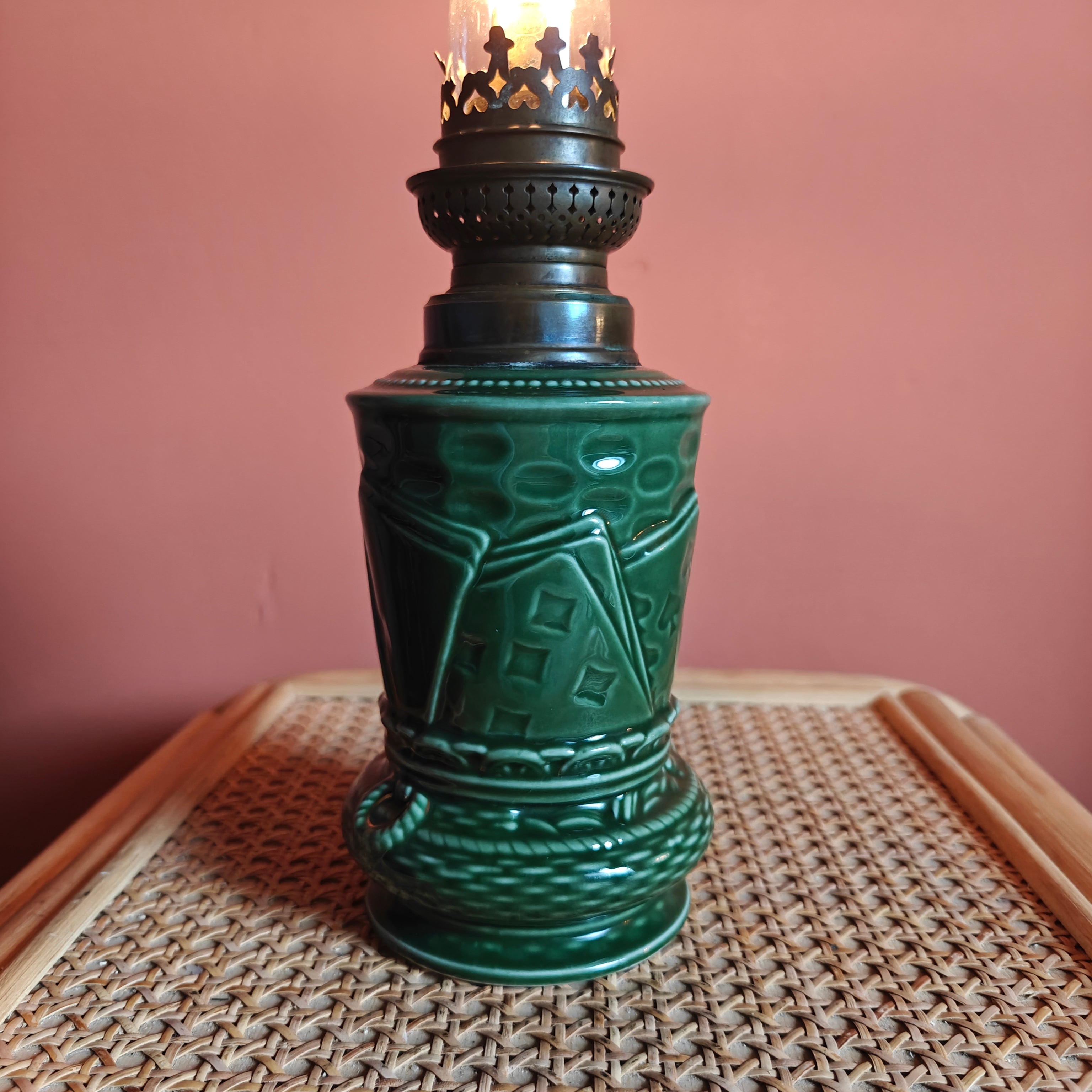 Rare Vintage Ceramic Oil Lamp – Green Base with Playing Card Motif & Early Wild & Wessel Burner (1930s)