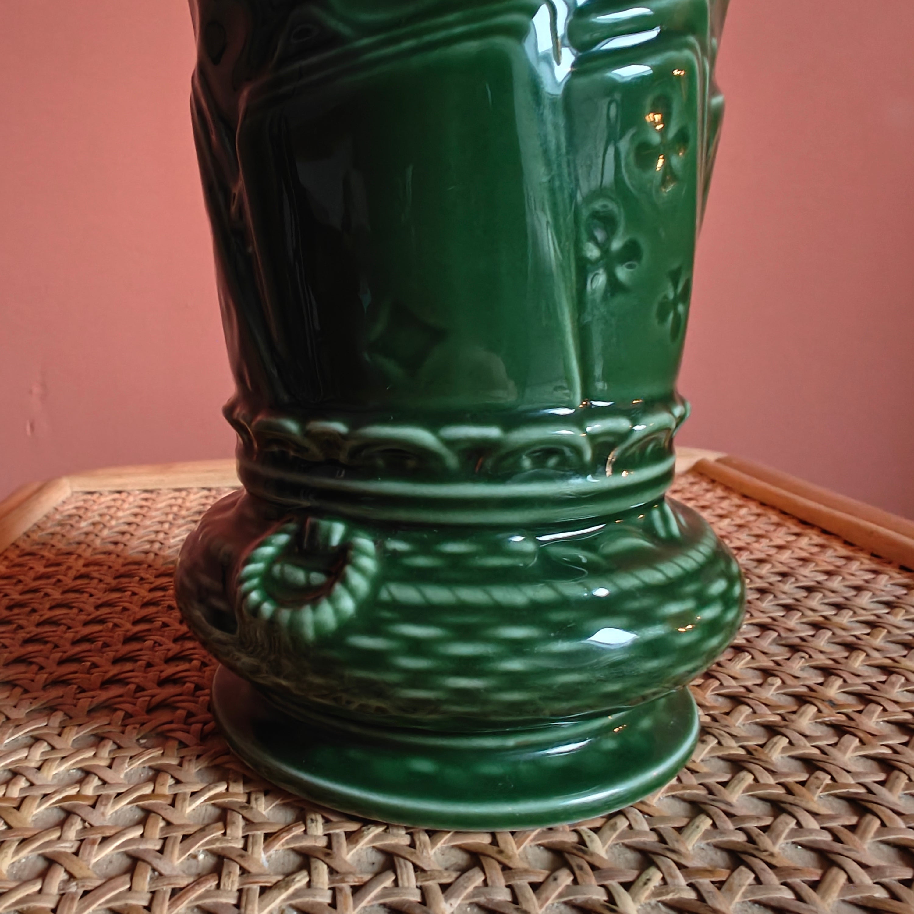 Rare Vintage Ceramic Oil Lamp – Green Base with Playing Card Motif & Early Wild & Wessel Burner (1930s)