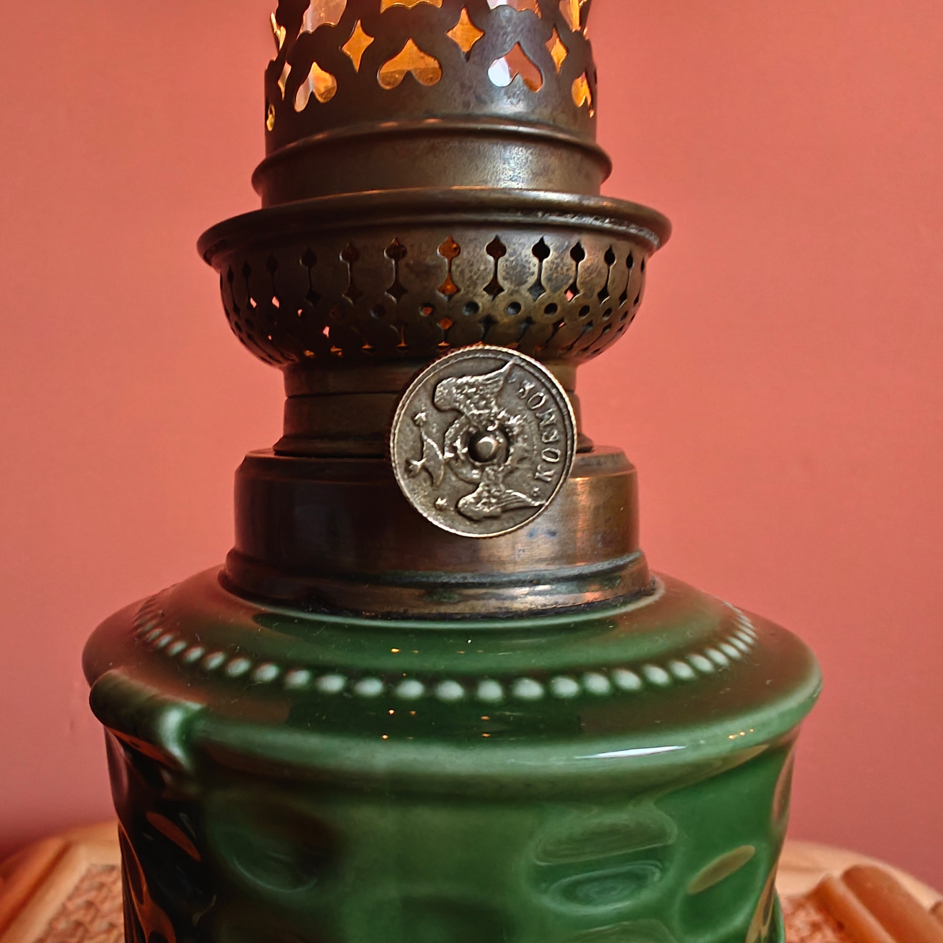 Rare Vintage Ceramic Oil Lamp – Green Base with Playing Card Motif & Early Wild & Wessel Burner (1930s)
