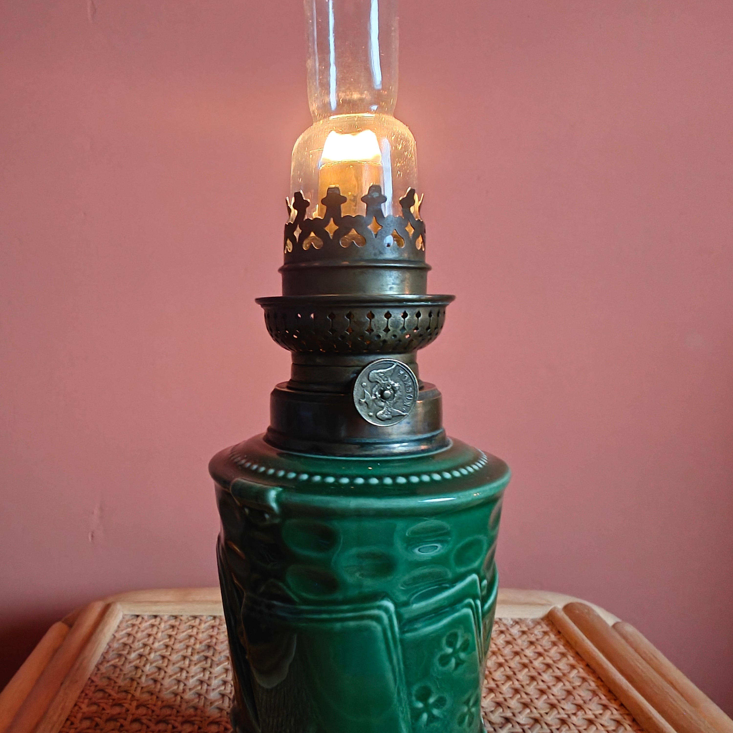 Rare Vintage Ceramic Oil Lamp – Green Base with Playing Card Motif & Early Wild & Wessel Burner (1930s)
