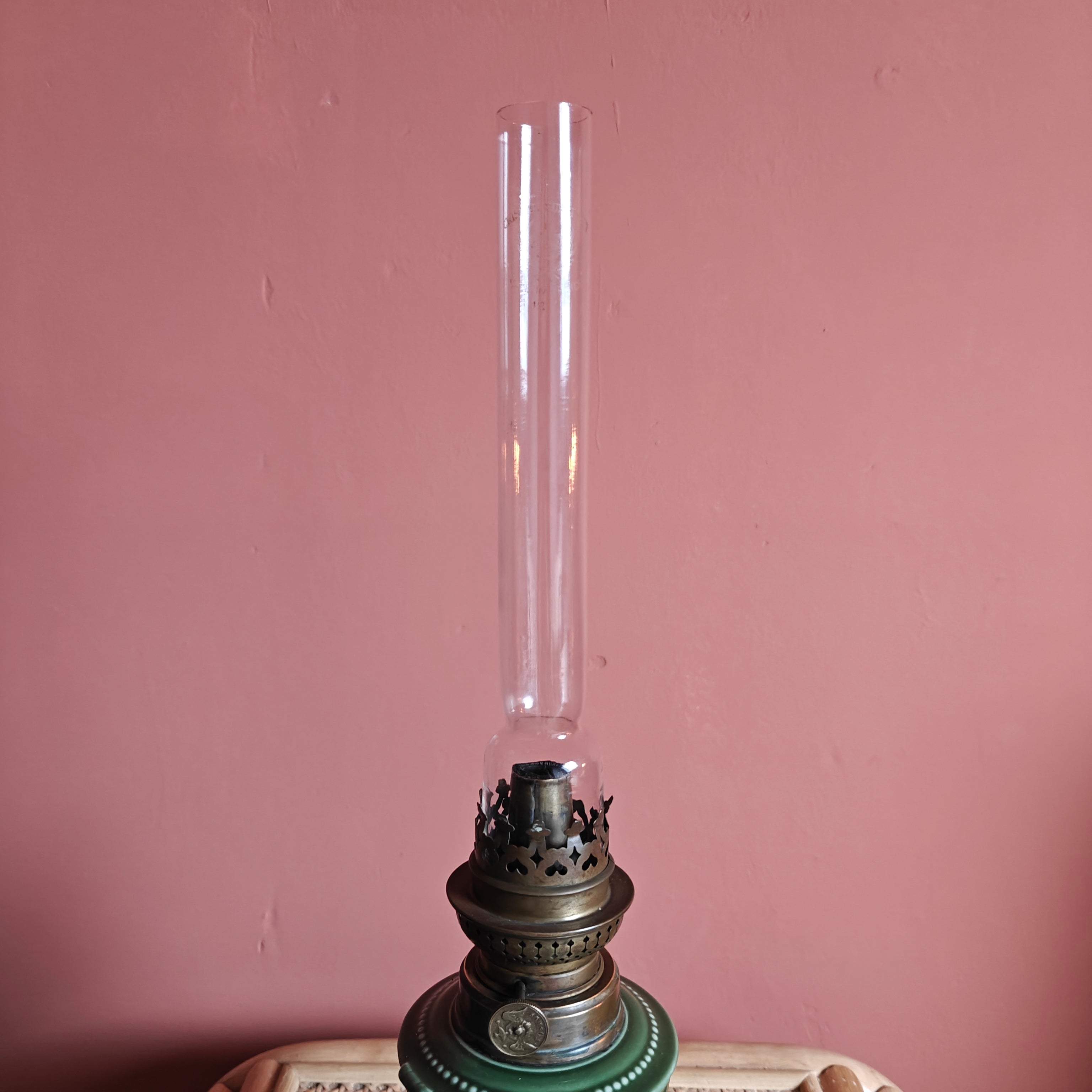 Rare Vintage Ceramic Oil Lamp – Green Base with Playing Card Motif & Early Wild & Wessel Burner (1930s)