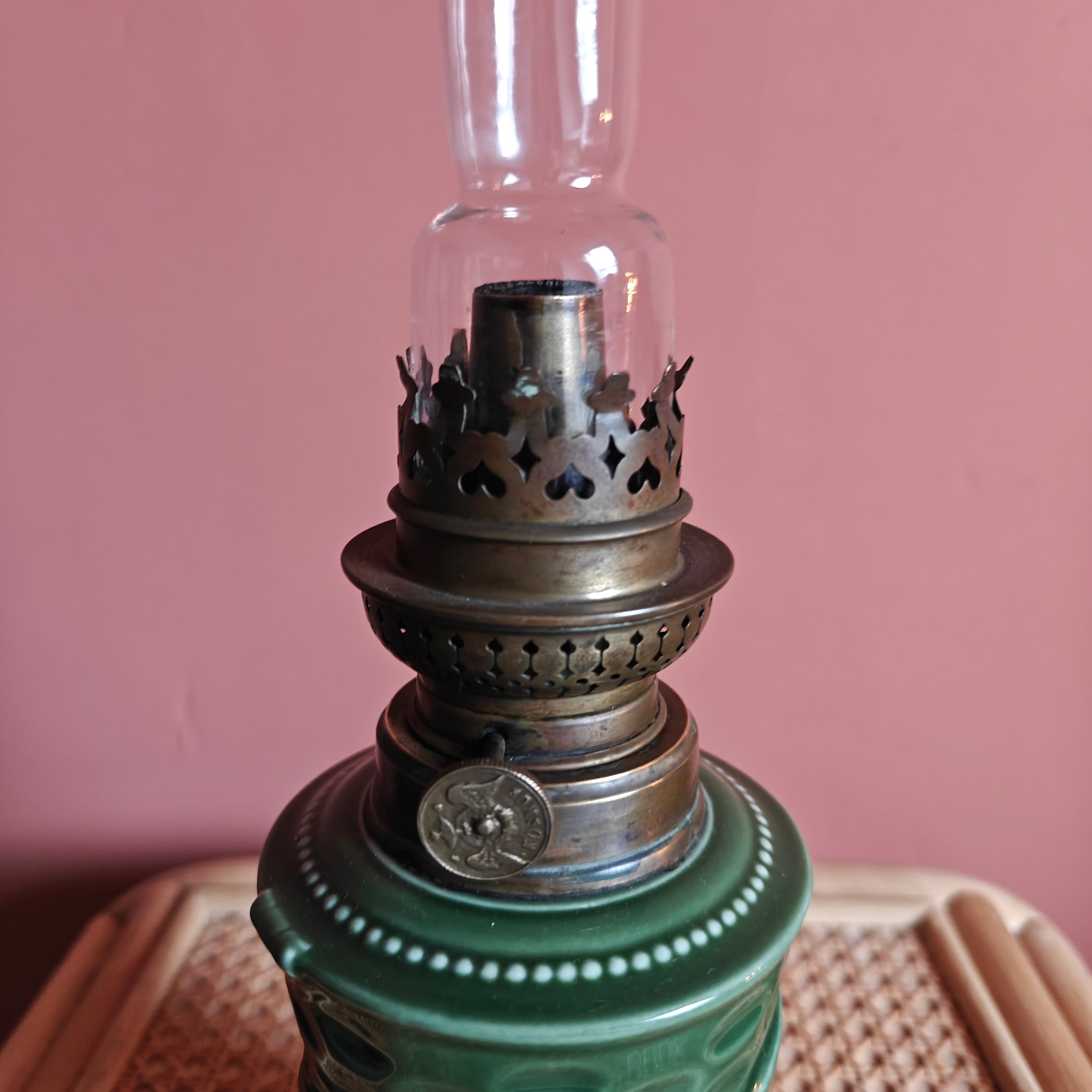 Rare Vintage Ceramic Oil Lamp – Green Base with Playing Card Motif & Early Wild & Wessel Burner (1930s)
