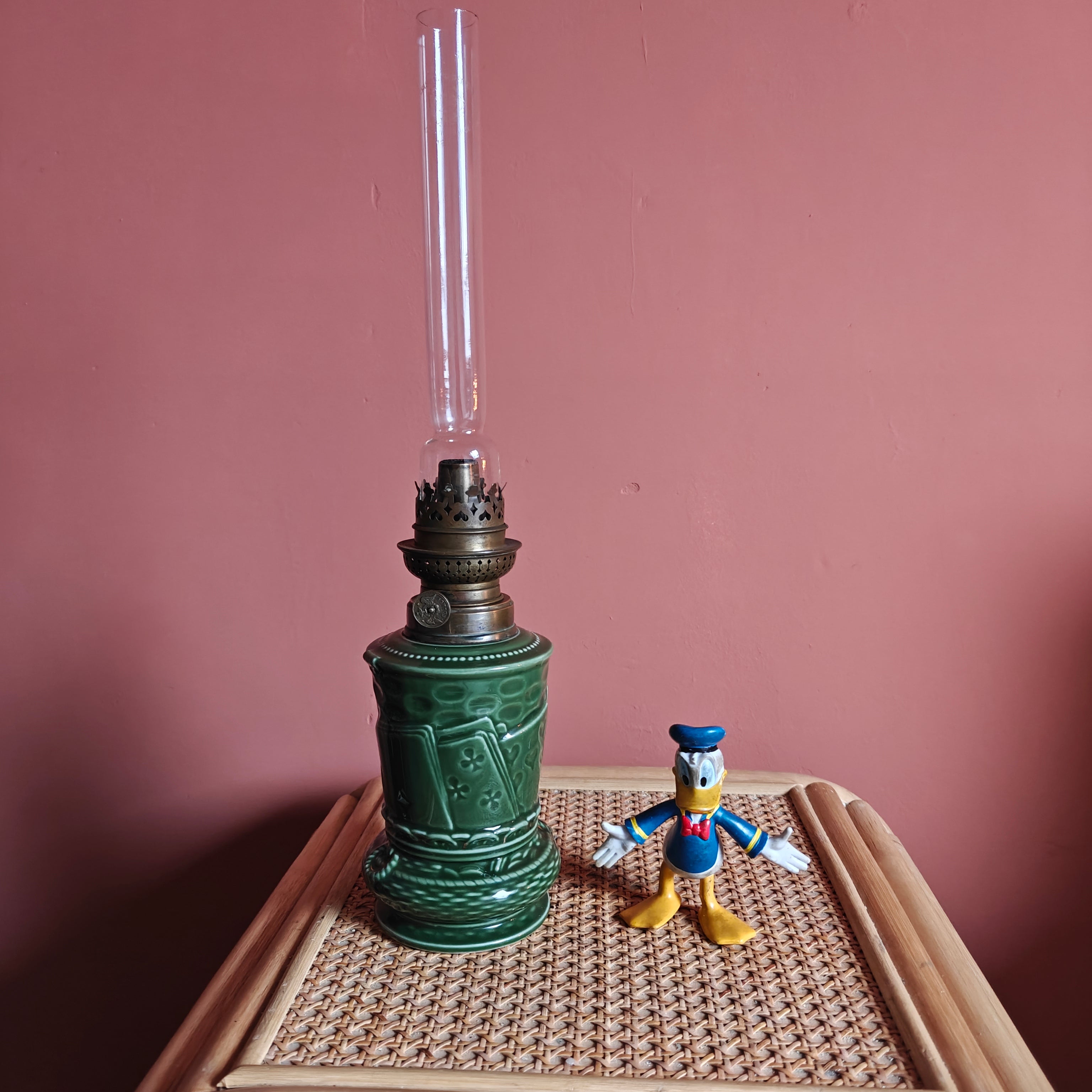 Rare Vintage Ceramic Oil Lamp – Green Base with Playing Card Motif & Early Wild & Wessel Burner (1930s)