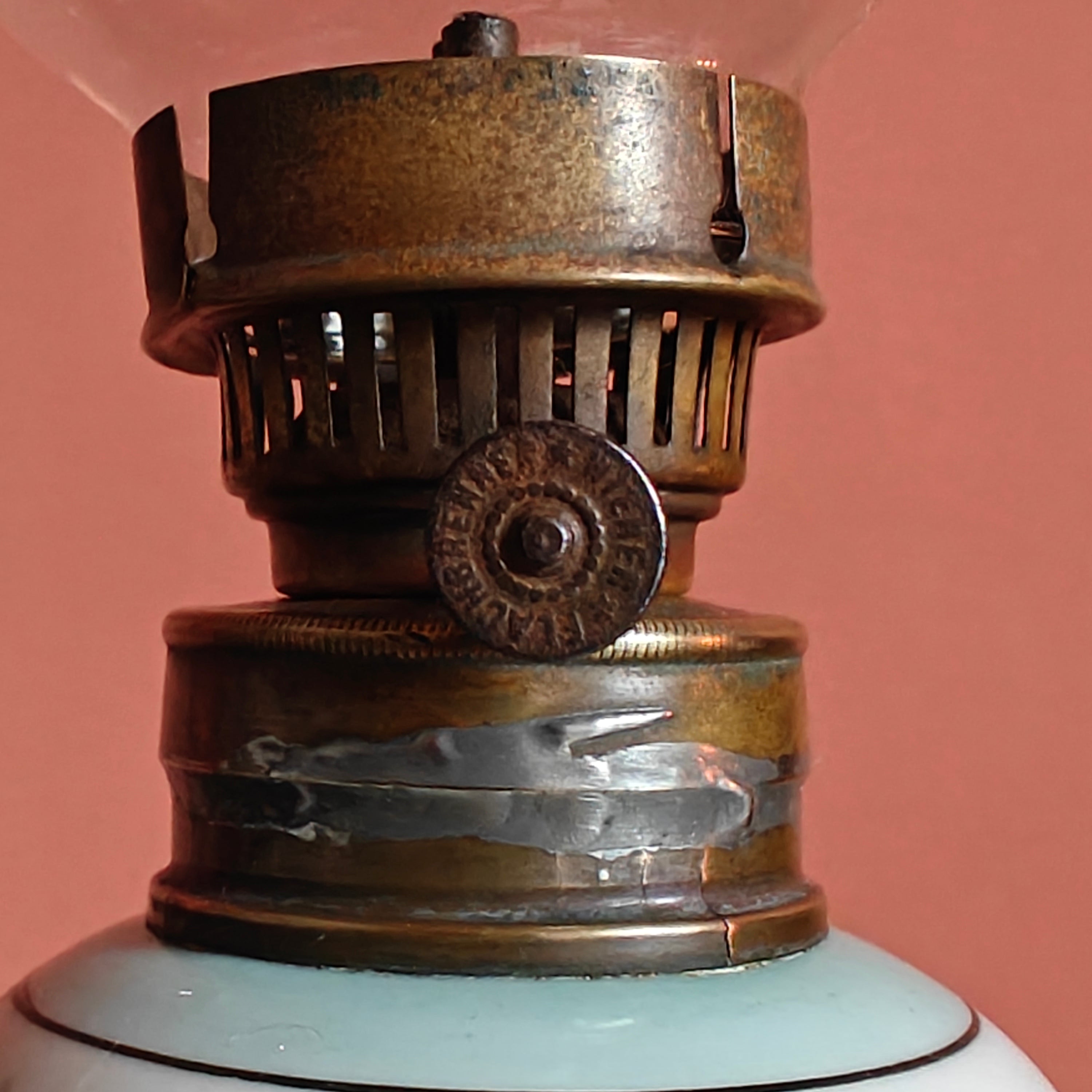 Close-up of the burner mechanism on the Vintage Porcelain Oil Lamp – Hand-Painted with Wiener Flachbrenner Burner