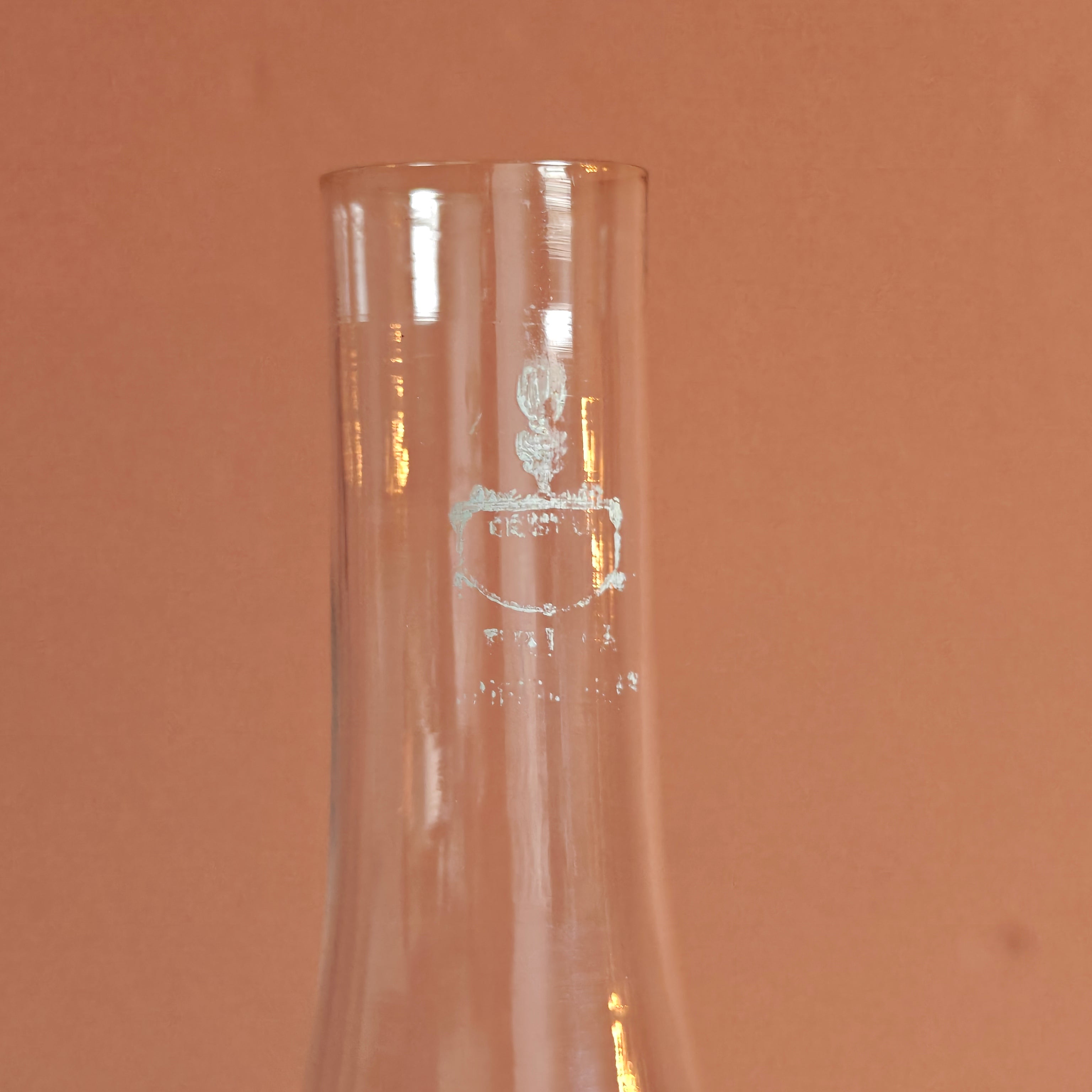 Close-up of glass chimney with logo detail on Vintage Porcelain Oil Lamp – Hand-Painted with Wiener Flachbrenner Burner