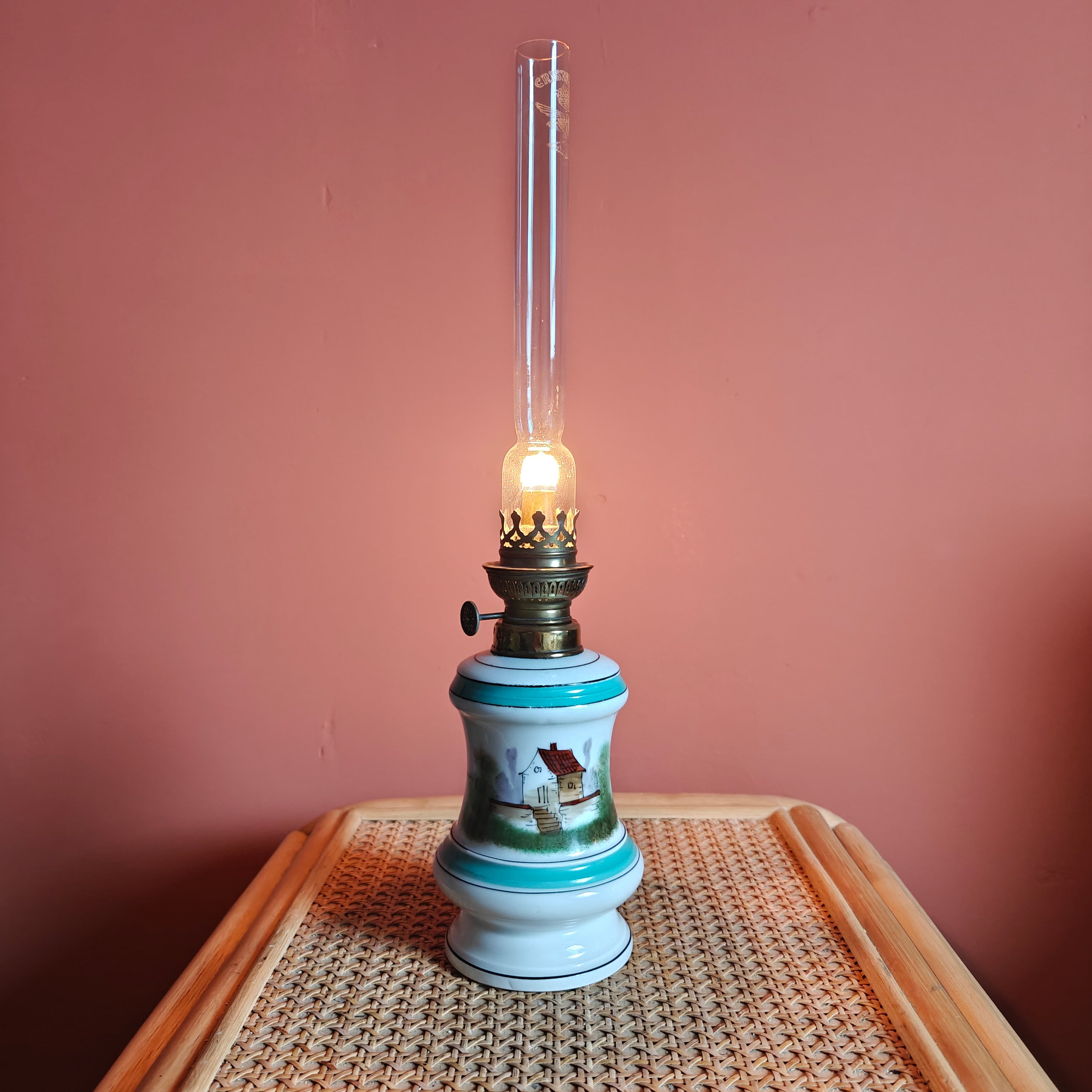 Beautiful Vintage Porcelain Oil Lamp – Hand-Painted with SIAE Burner (1950s)