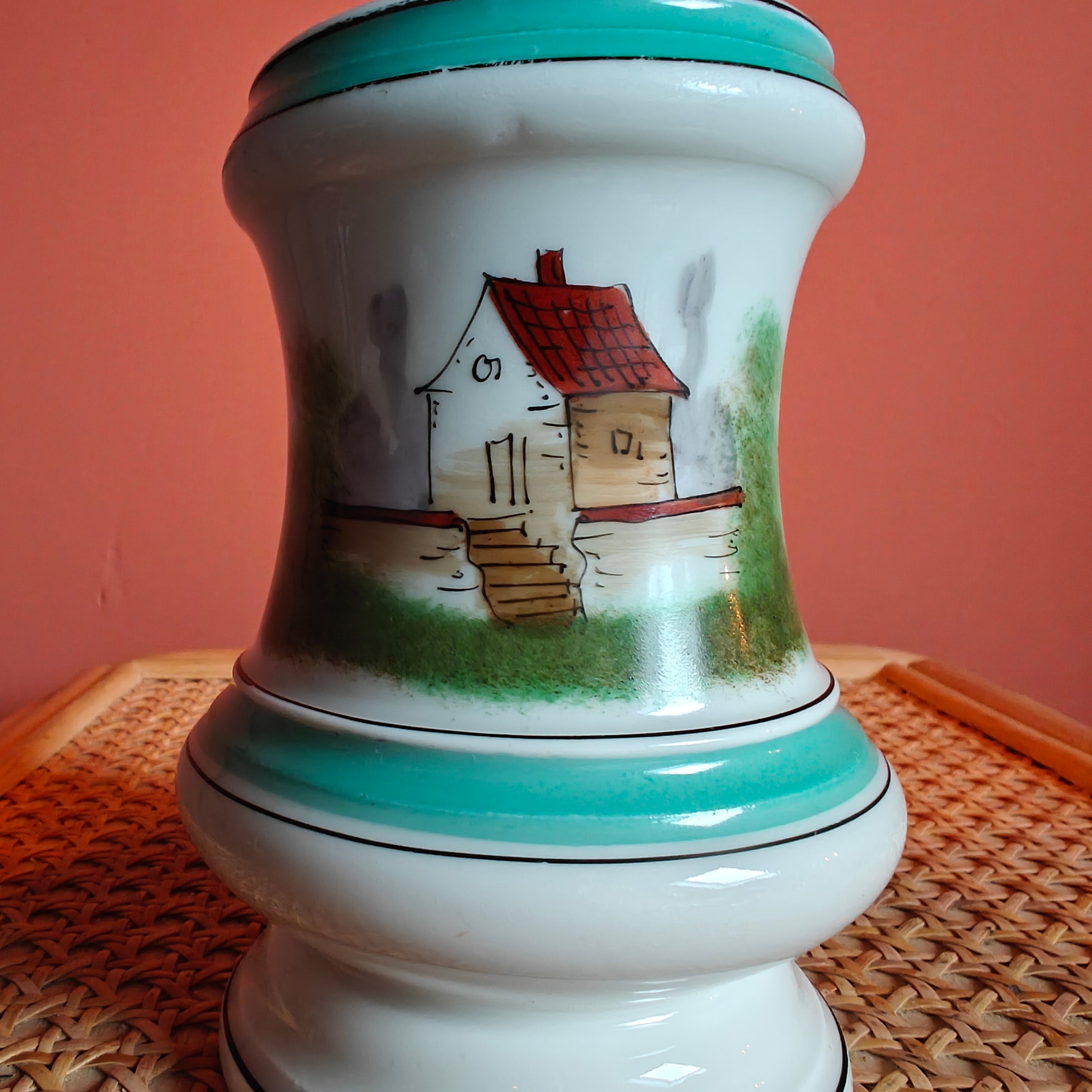 Beautiful Vintage Porcelain Oil Lamp – Hand-Painted with SIAE Burner (1950s)