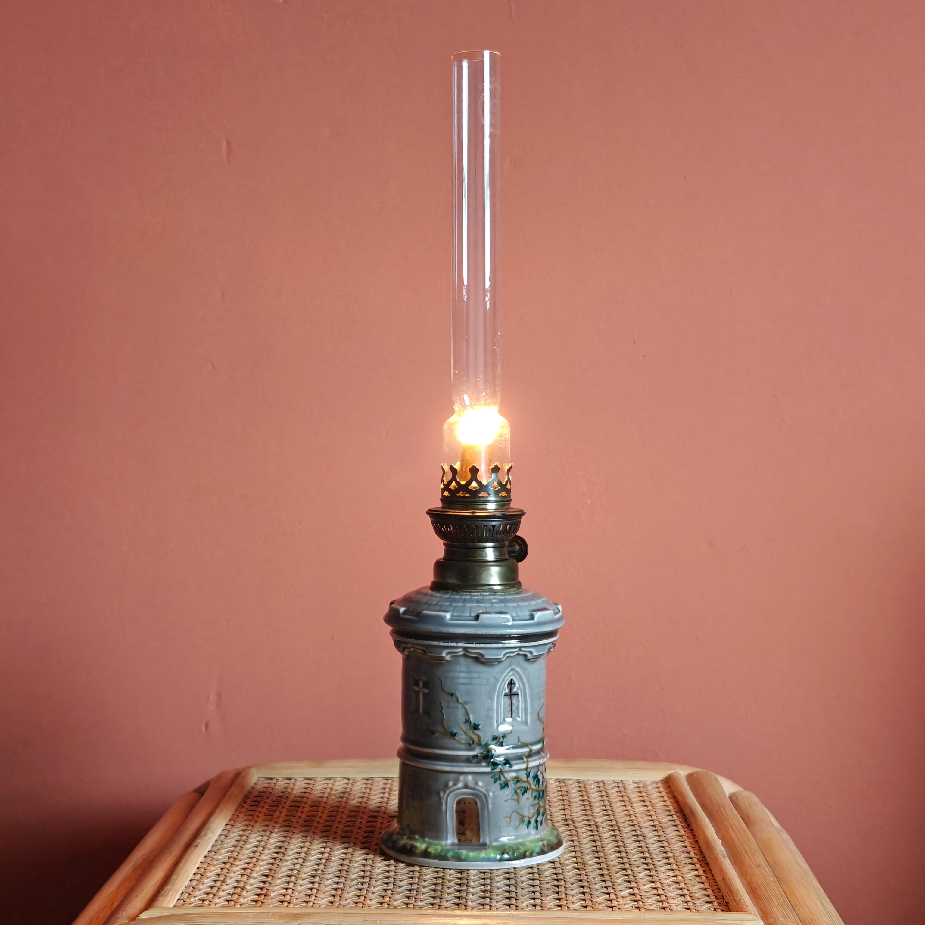 Rare Vintage Ceramic Oil Lamp – Tower Design with SIAE Burner (1930s)