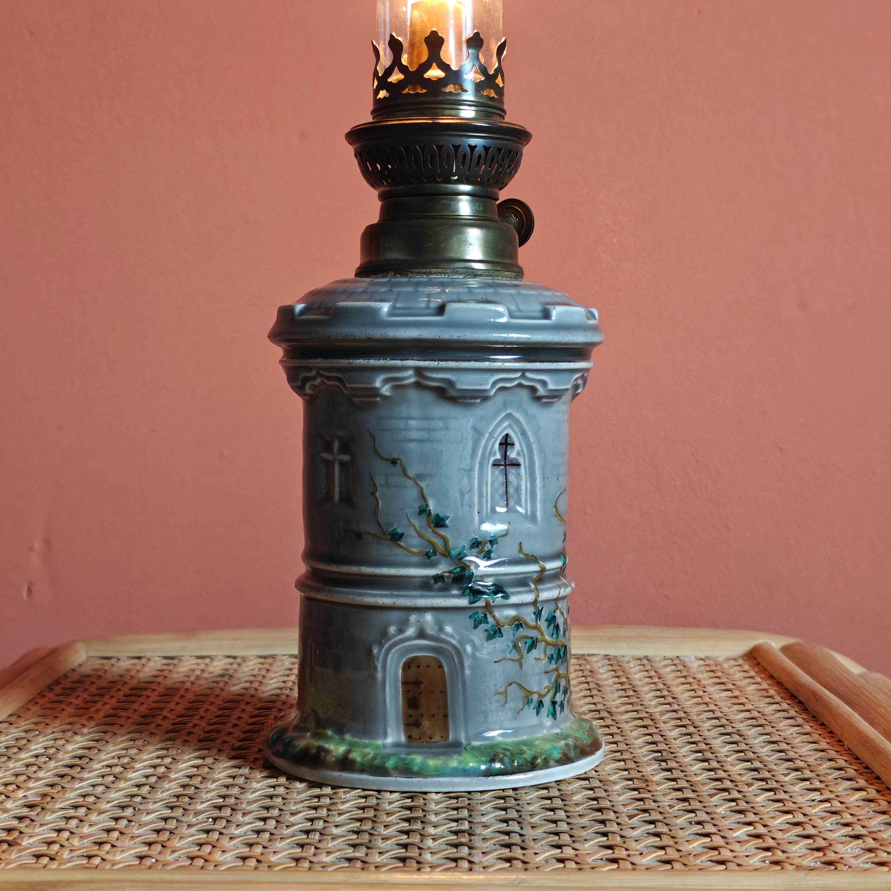 Rare Vintage Ceramic Oil Lamp – Tower Design with SIAE Burner (1930s) hand-painted detailed collectible lamp