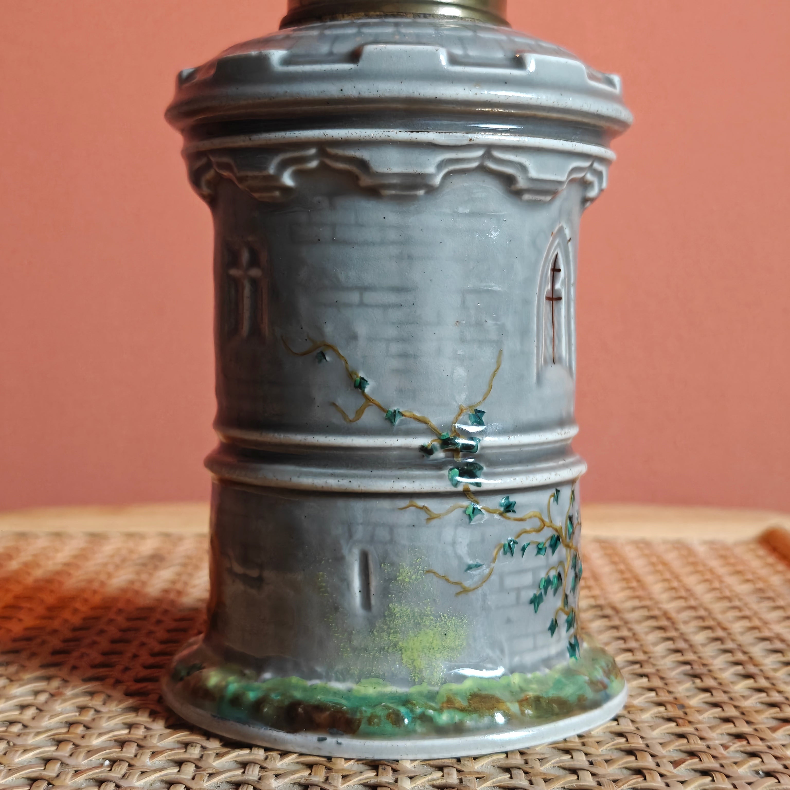 Rare Vintage Ceramic Oil Lamp – Tower Design with SIAE Burner (1930s) featuring detailed hand-painted ceramic tower shape.
