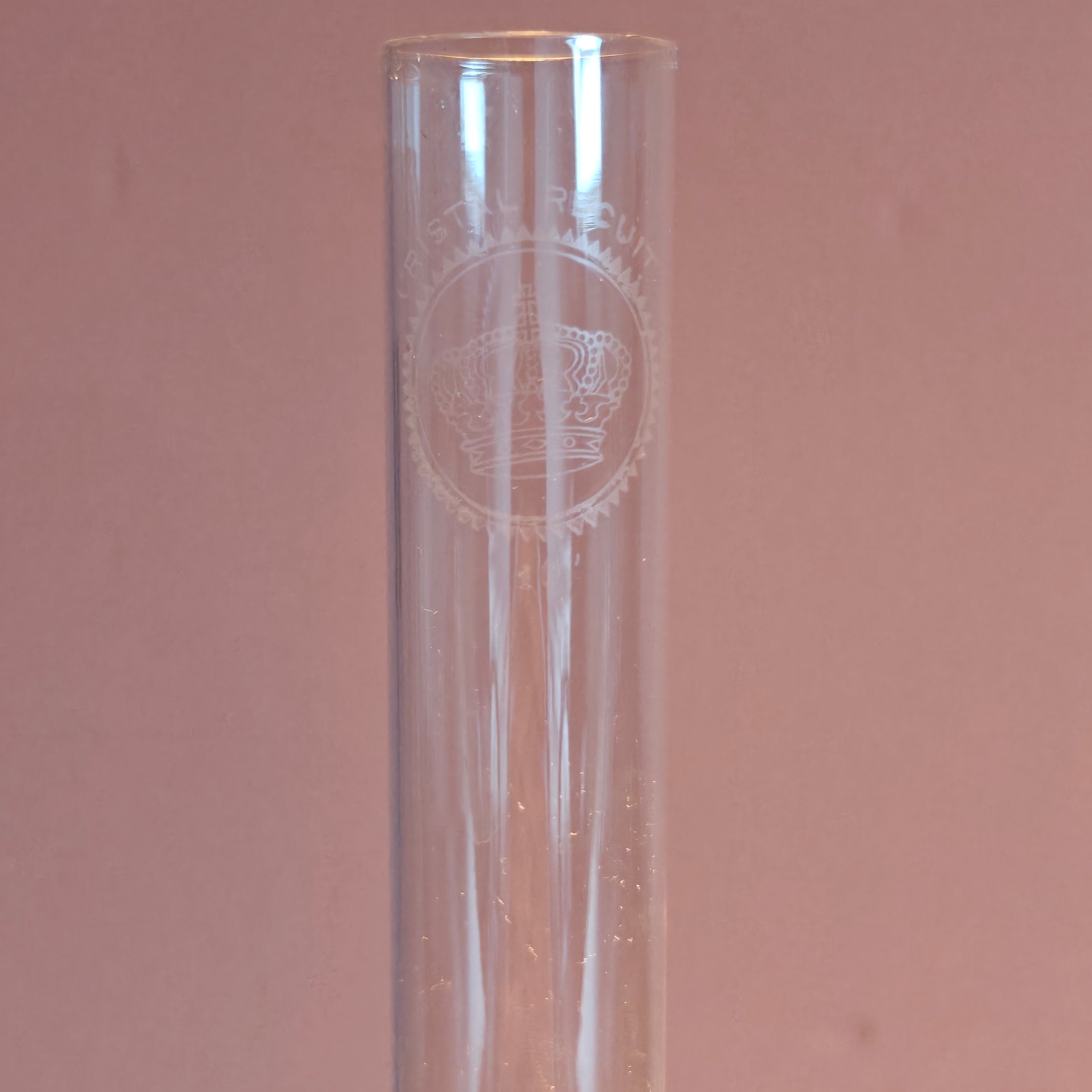 Rare Vintage Ceramic Oil Lamp – Tower Design with SIAE Burner (1930s) glass chimney with crown etching close-up