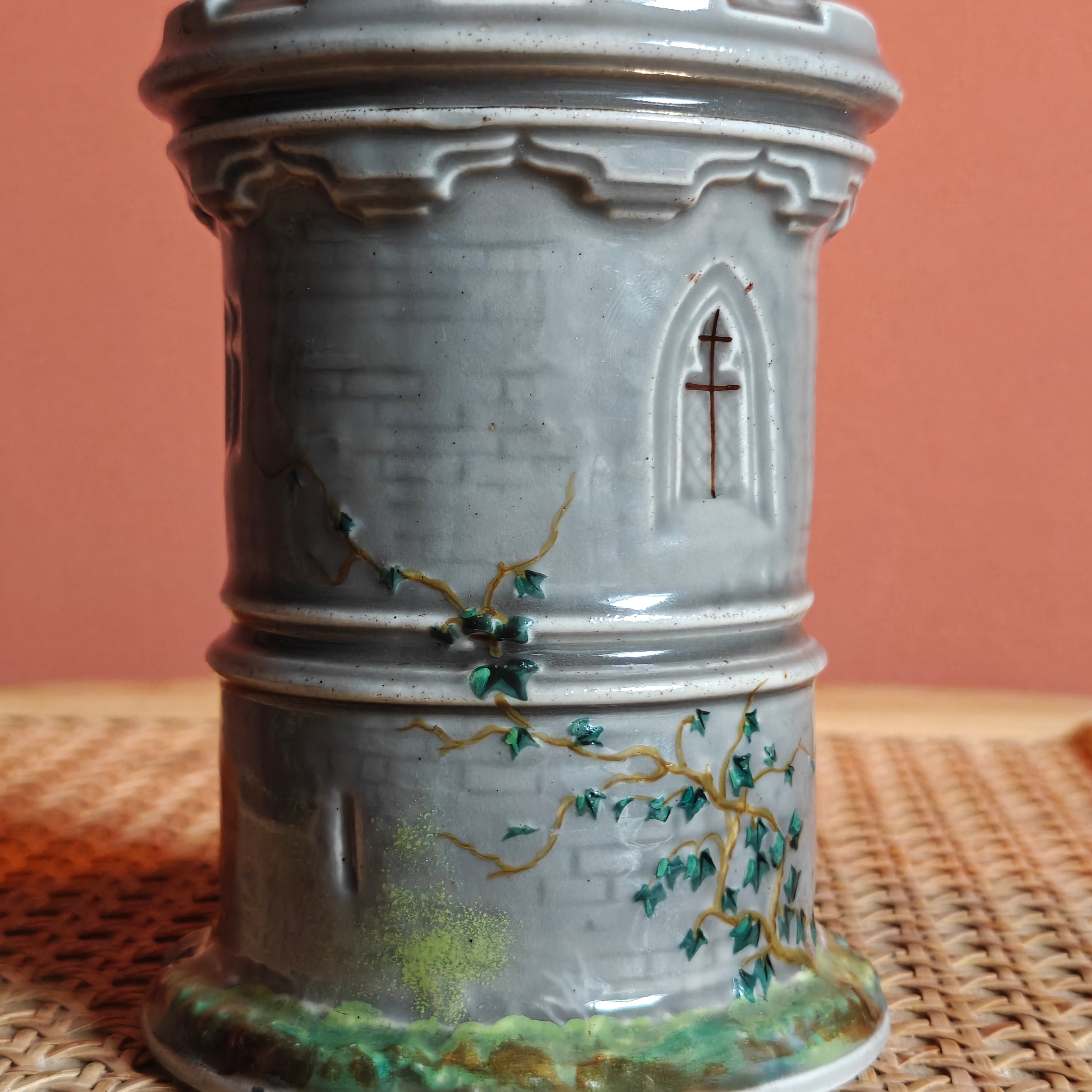 Rare Vintage Ceramic Oil Lamp – Tower Design with SIAE Burner (1930s) with intricate hand-painted ivy detail on ceramic body