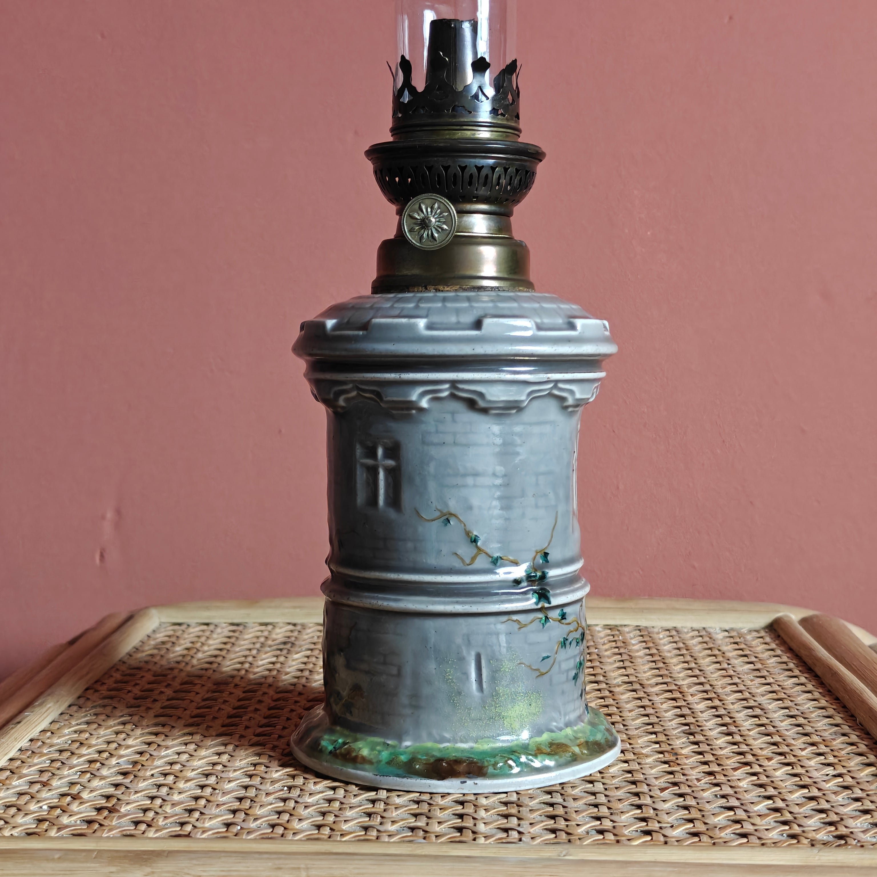 Rare Vintage Ceramic Oil Lamp – Tower Design with SIAE Burner (1930s) featuring hand-painted ceramic and antique burner details